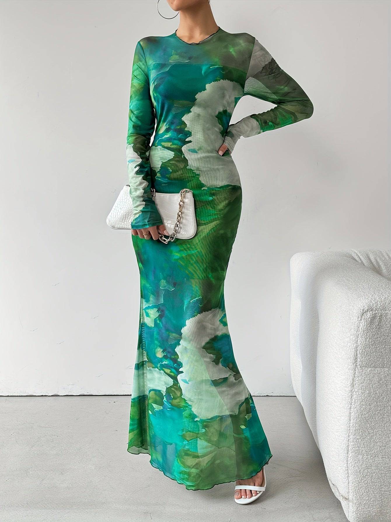 VougeVamp Vibrant Tie-Dye Mesh Maxi Dress – Elegant Long Sleeve Slim Fit Dress for Spring & Fall