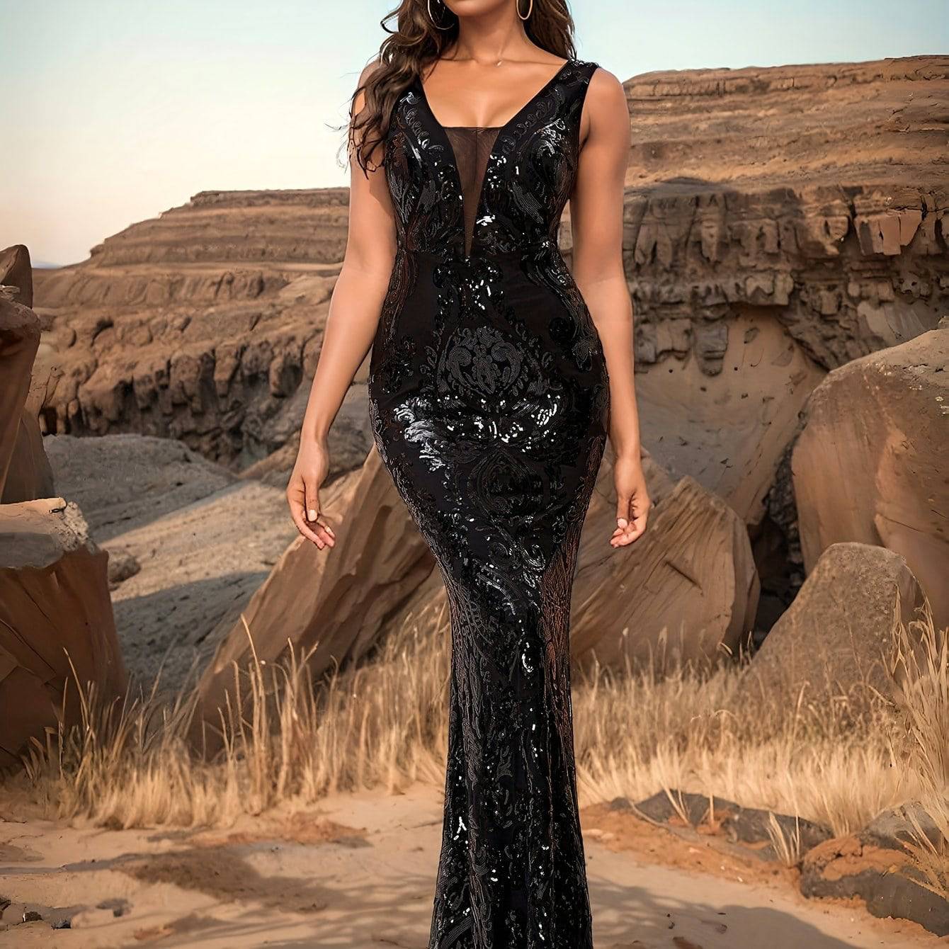Elegant Black Sequin Mermaid Dress – V-Neck, Sleeveless Bodycon Gown with Geometric Pattern - VougeVampUK