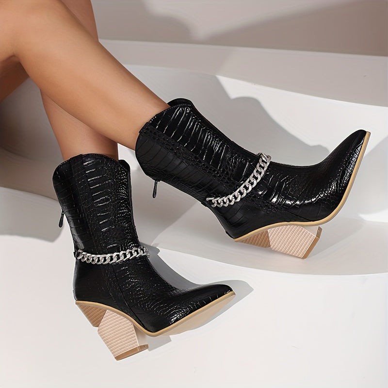 VougeVamp Trendy Crocodile Print Mid-Calf Boots – Chunky Stacked Heel, Pointed Toe & Chain Detail - VougeVampUK