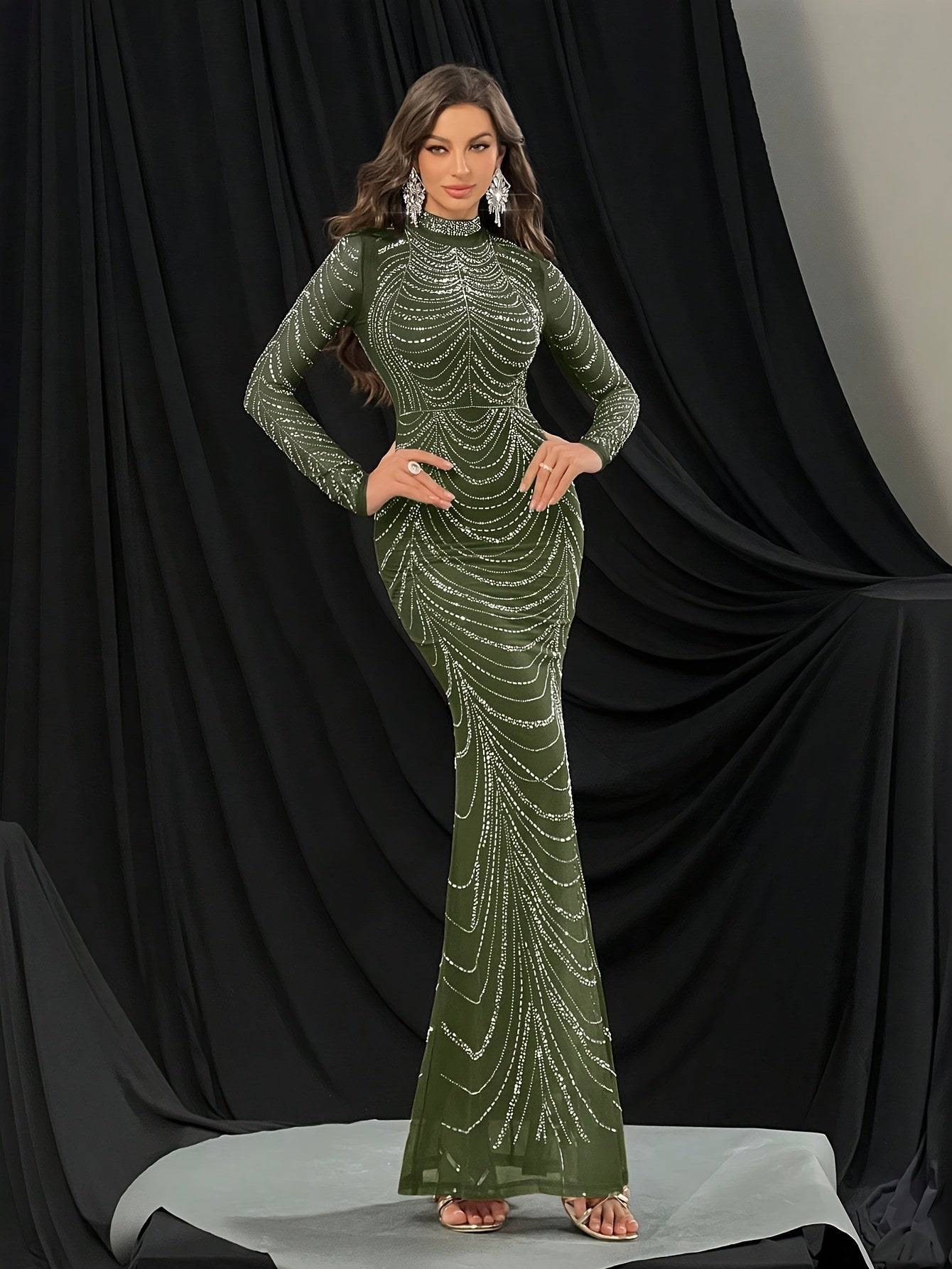 Women's Black Rhinestone Dress – Stand-Up Collar & Long Sleeves for Elegant Style