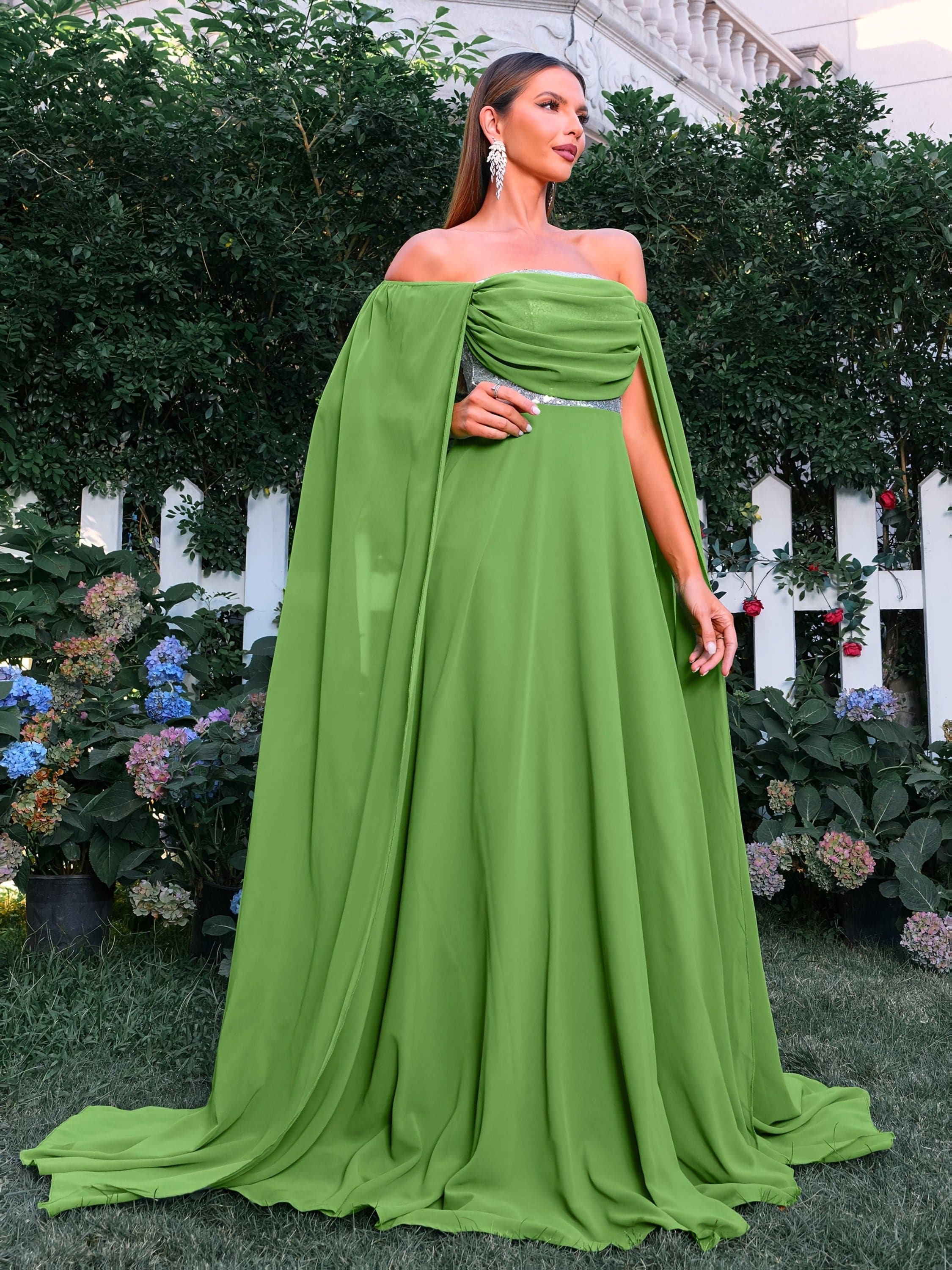 VougeVamp Elegant Off-Shoulder Green Gown – Extra Long Sleeves & Ruched Waist for Timeless Sophistication - VougeVampUK