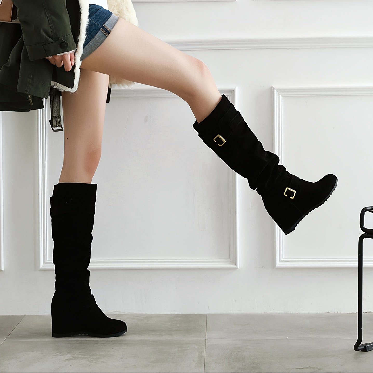 VougeVamp Women's Fashionable Wedge Mid-Calf Boots – Stylish Buckle Strap & Slouchy Design - VougeVampUK