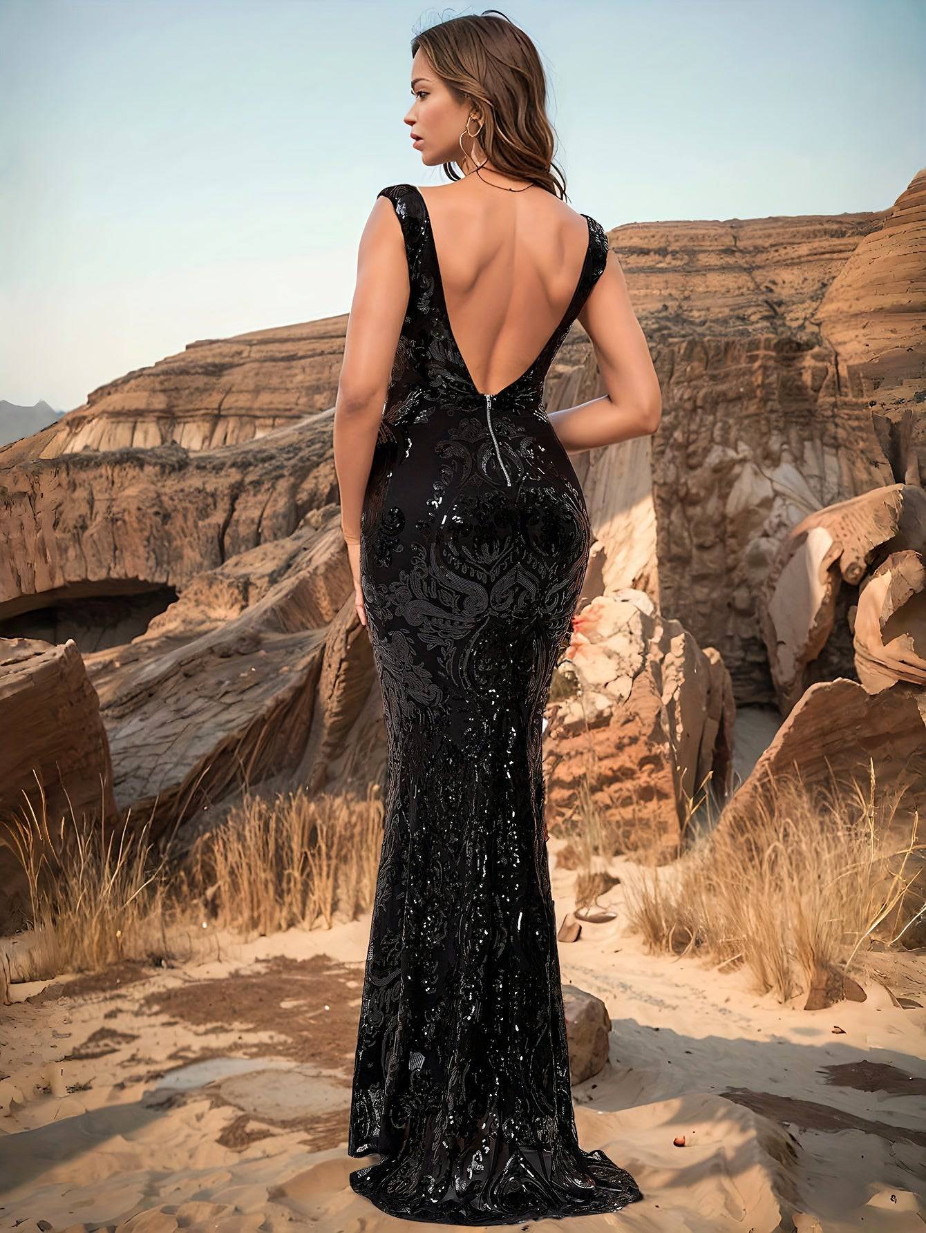 Elegant Black Sequin Mermaid Dress – V-Neck, Sleeveless Bodycon Gown with Geometric Pattern - VougeVampUK