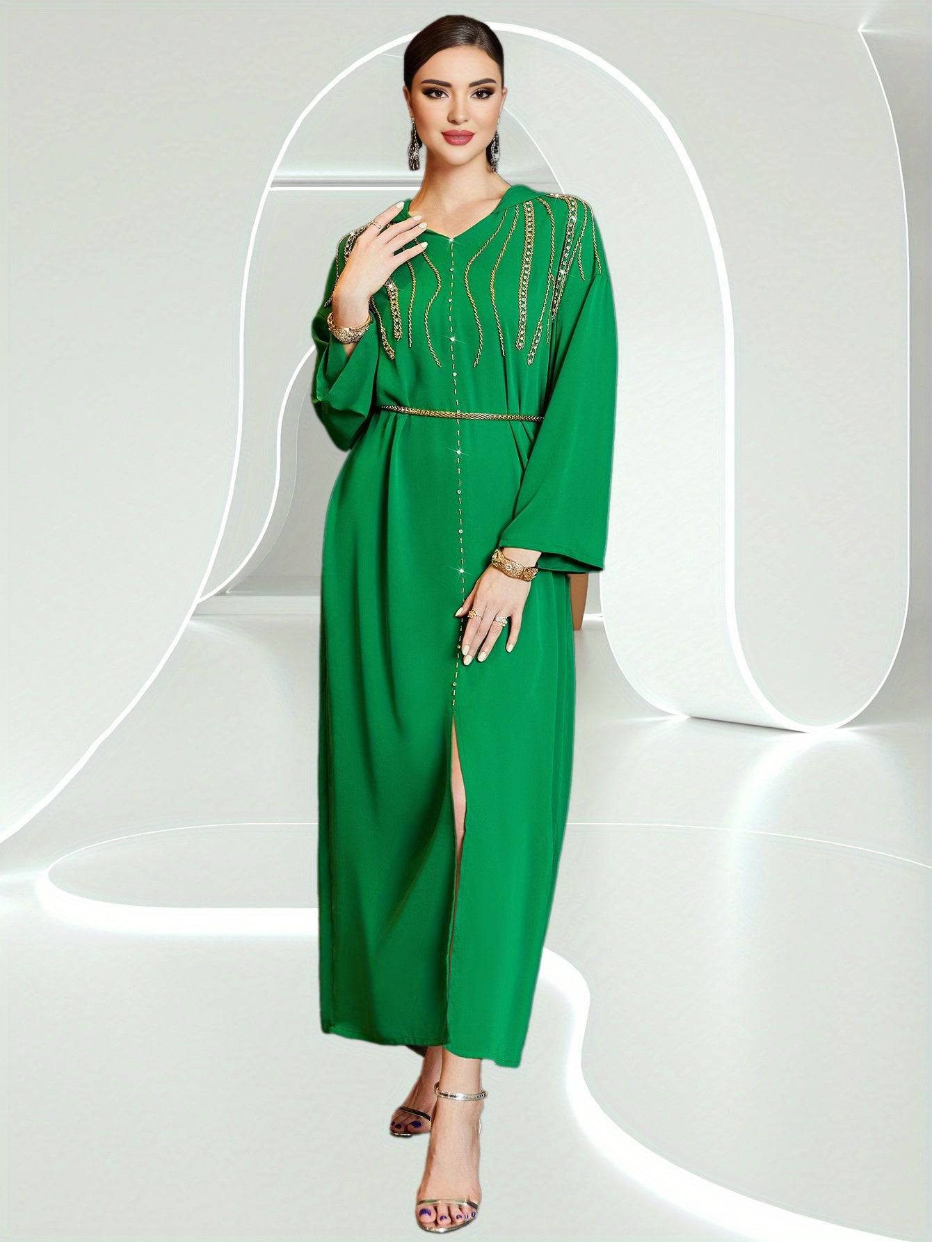 Elegant Handcrafted Rhinestone Kaftan Dress – Luxurious Long Sleeve Maxi for Women - VougeVampUK