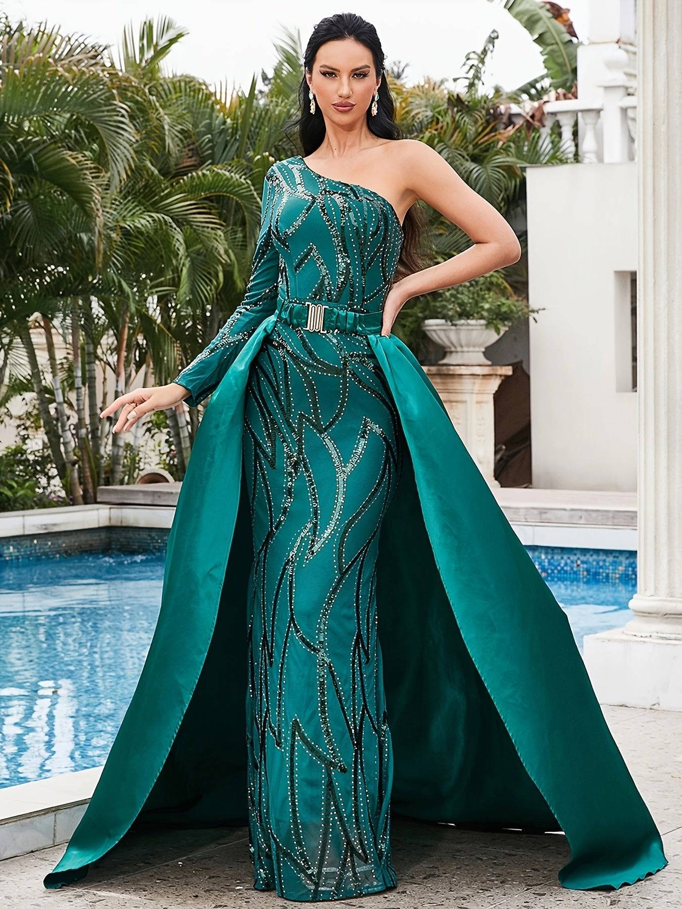 Elegant One-Shoulder Teal Evening Gown with Sequined Detailing – Sleeveless, Floor-Length Pencil Dress with Belt - VougeVampUK