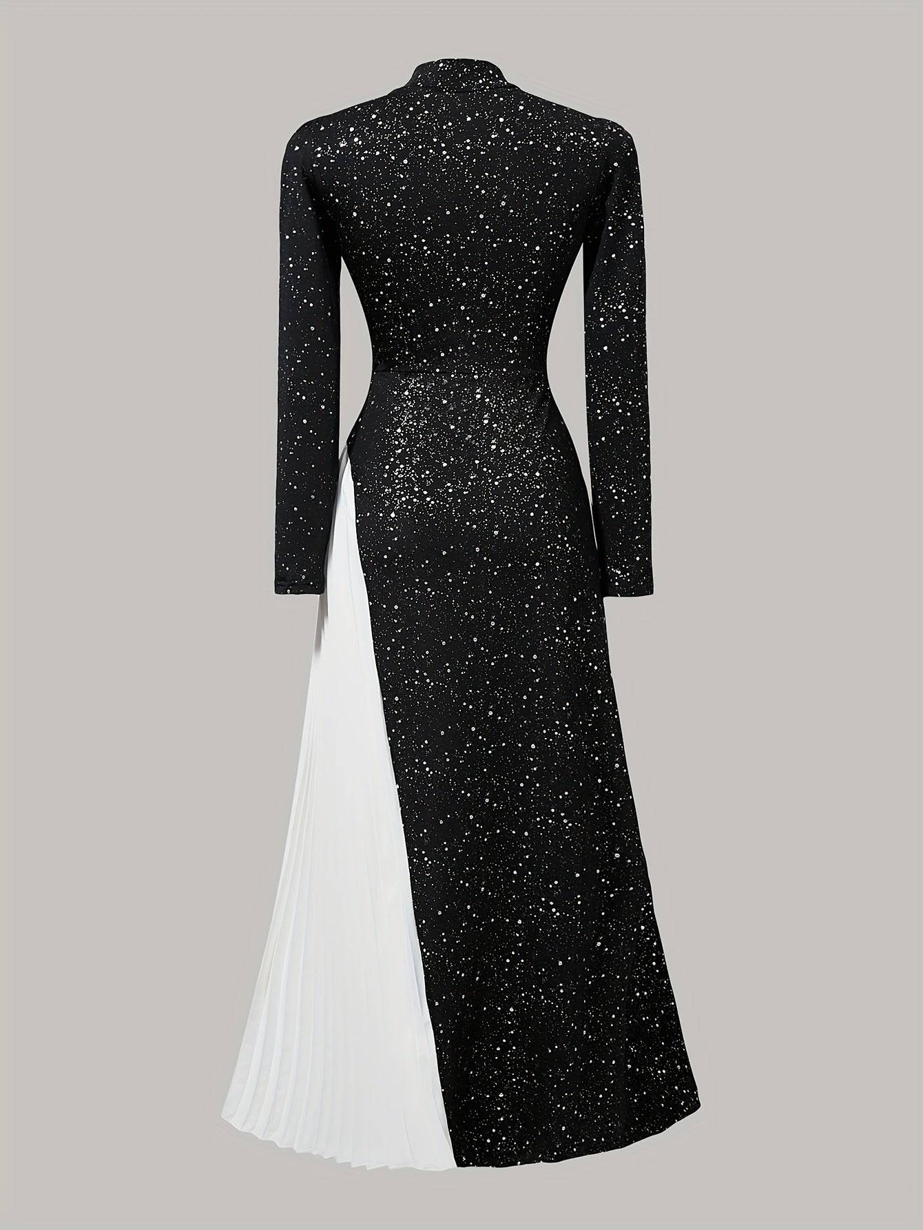 VougeVamp Elegant Red Starry Sky Maxi Dress – Long Sleeve Pleated Gown for Parties & Evening Events