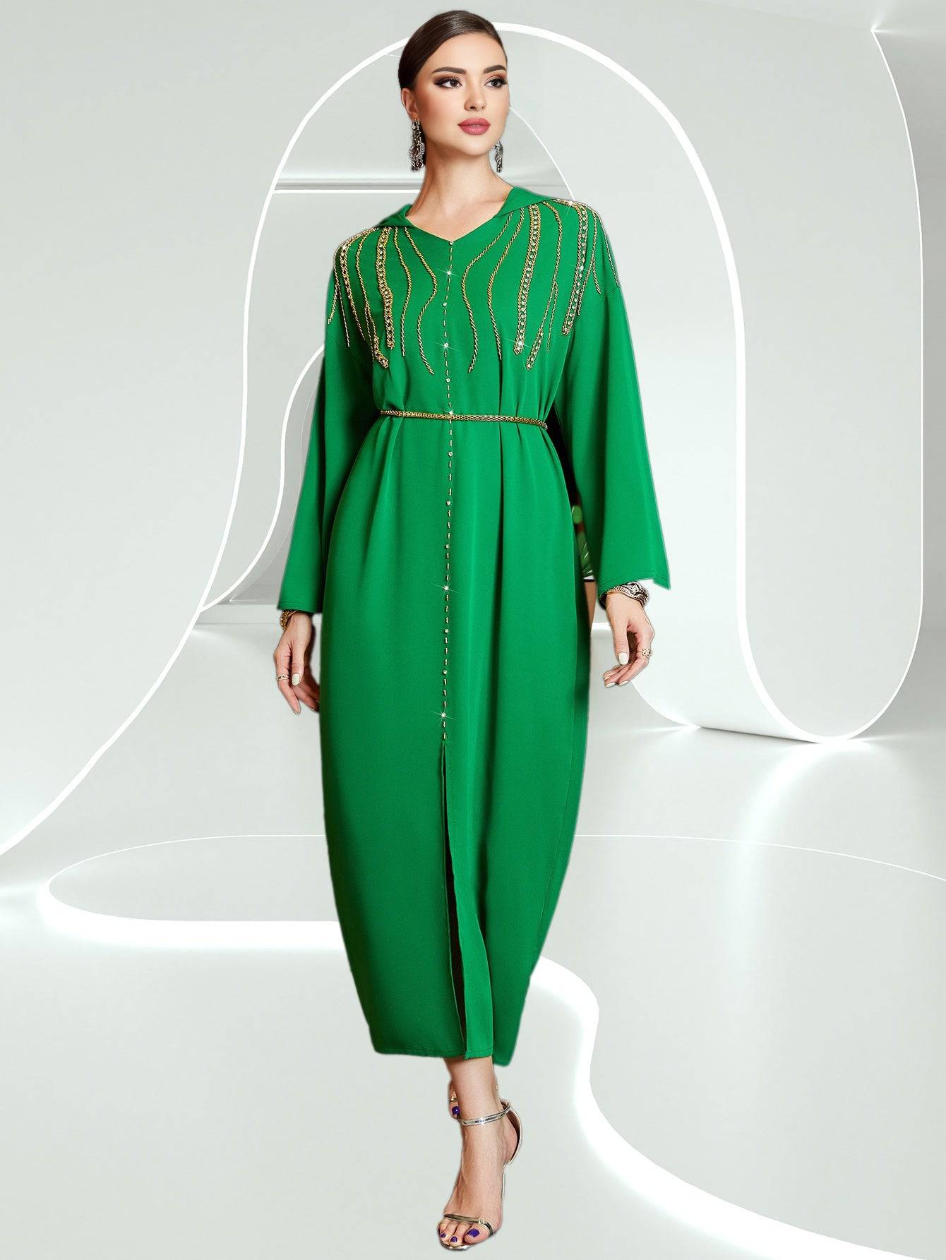 Elegant Handcrafted Rhinestone Kaftan Dress – Luxurious Long Sleeve Maxi for Women - VougeVampUK