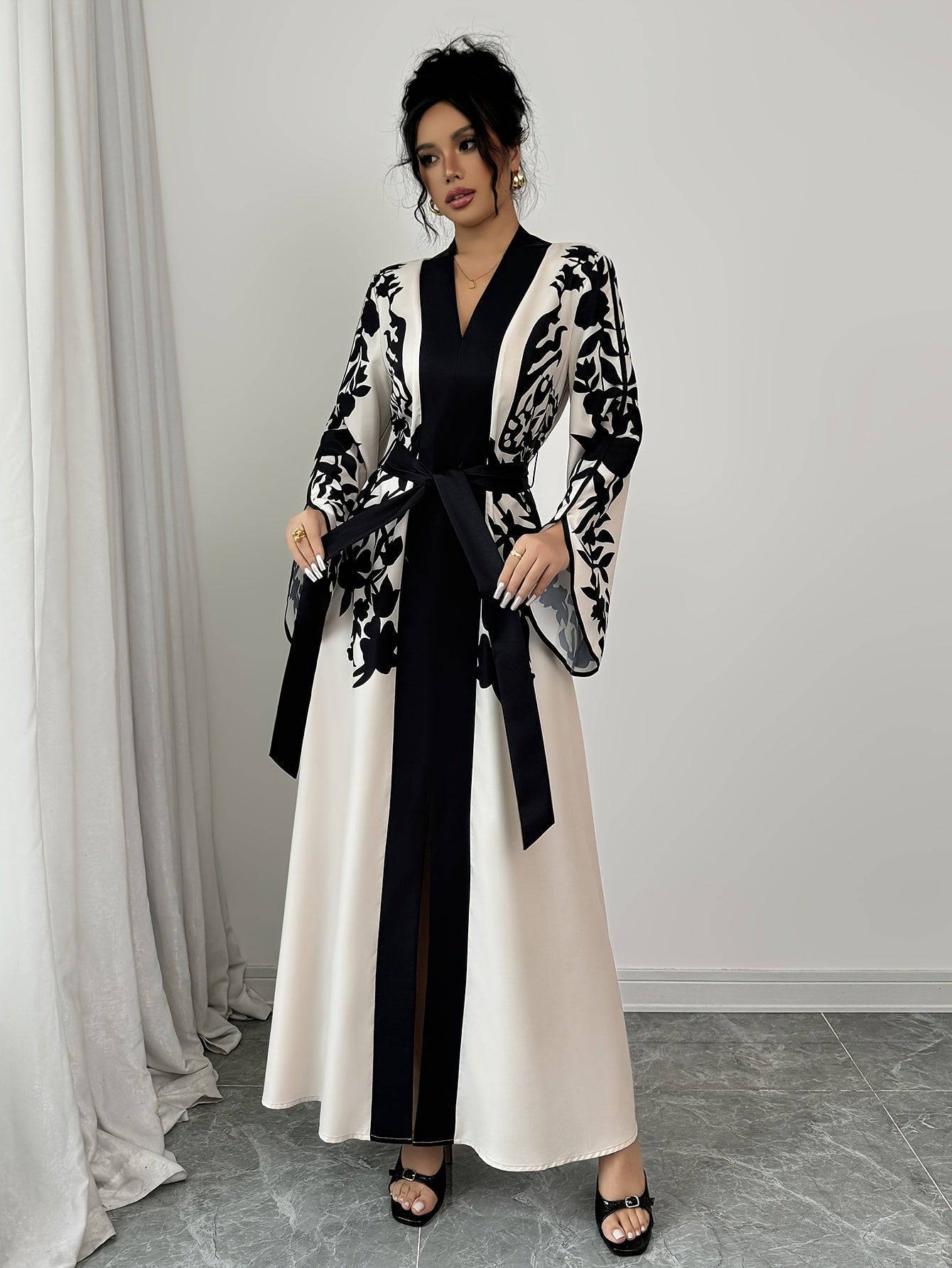 Elegant Fall Women's Printed Peplum Dress – Casual V-Neck Floral Long Dress, Polyester-Elastane Blend