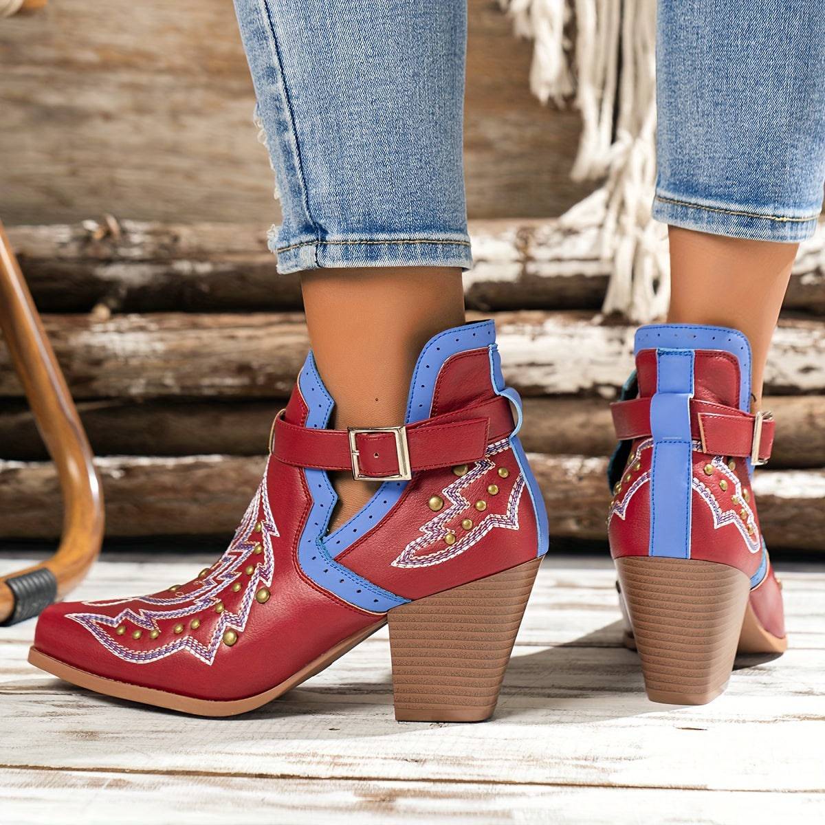 VougeVamp Women's Golden Bead Decor Ankle Boots – Chunky Heel Western Boots with Fashion Buckle Strap - VougeVampUK