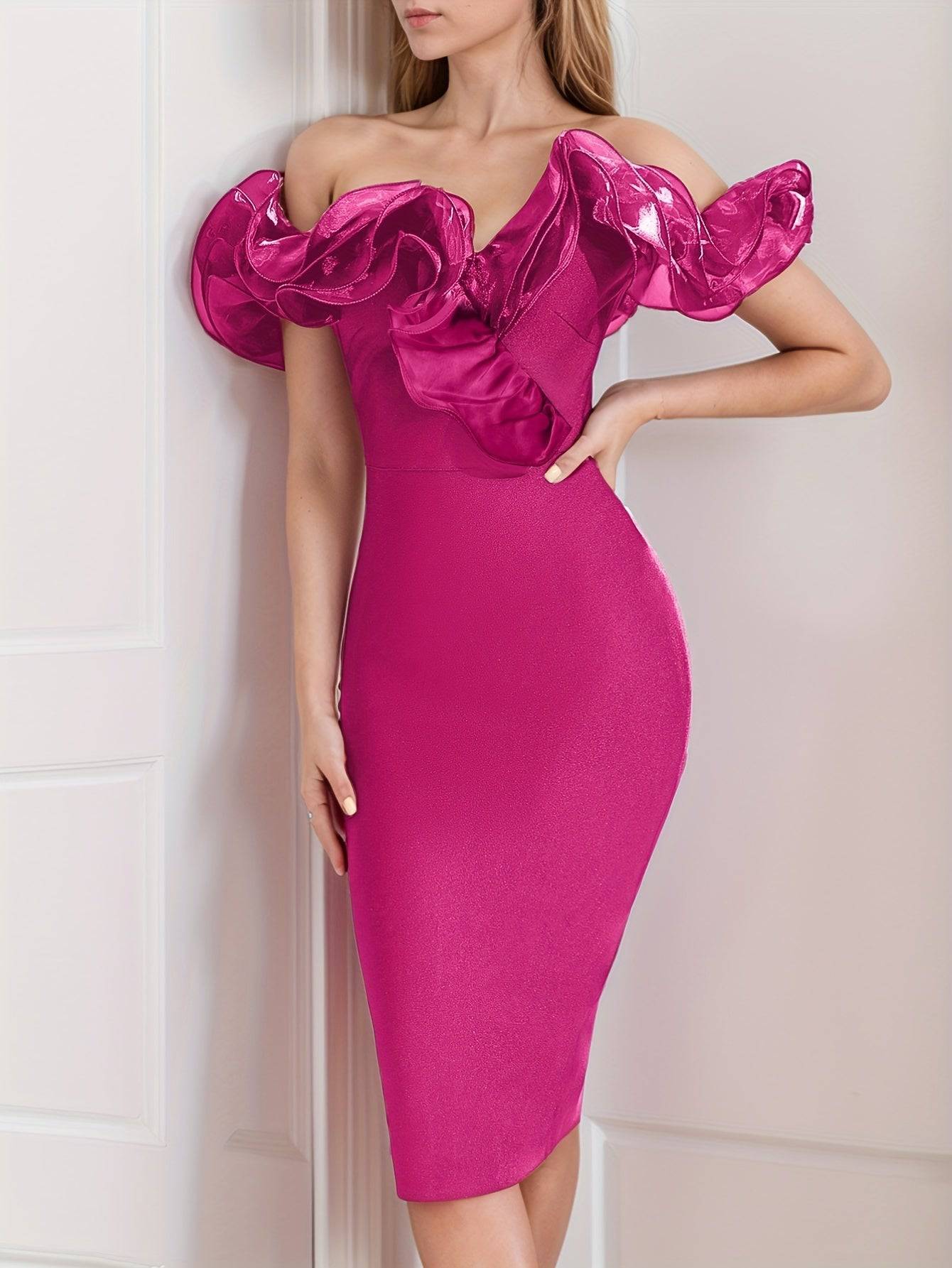 Elegant Ruffle Trim Off-Shoulder Bodycon Dress – Perfect for Party & Banquet, Wedding & Evening Events - VougeVampUK