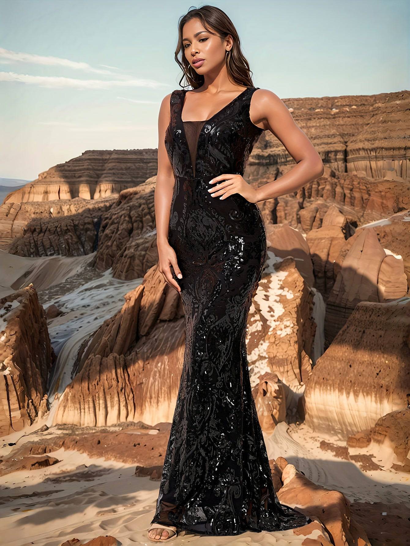 Elegant Black Sequin Mermaid Dress – V-Neck, Sleeveless Bodycon Gown with Geometric Pattern - VougeVampUK