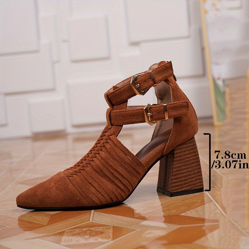 VougeVamp Retro Fringed Pointed Toe High Heel Pumps – Solid Color, Block Heel, Woven Cut-Out Design - VougeVampUK