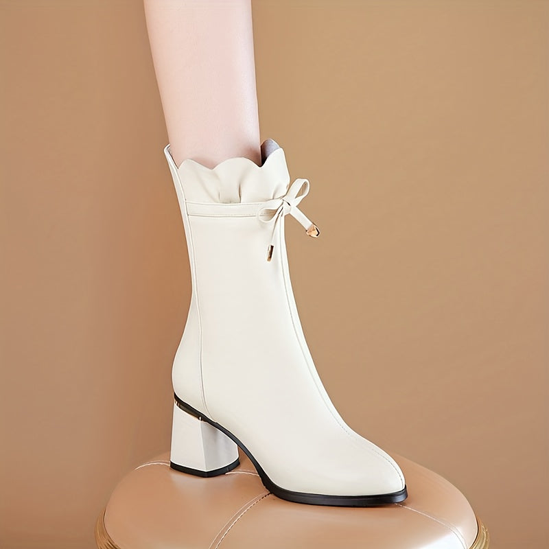VougeVamp Stylish Mid-Calf Boots – Chic Chunky Heel, Solid Color & Easy Side Zip - VougeVampUK