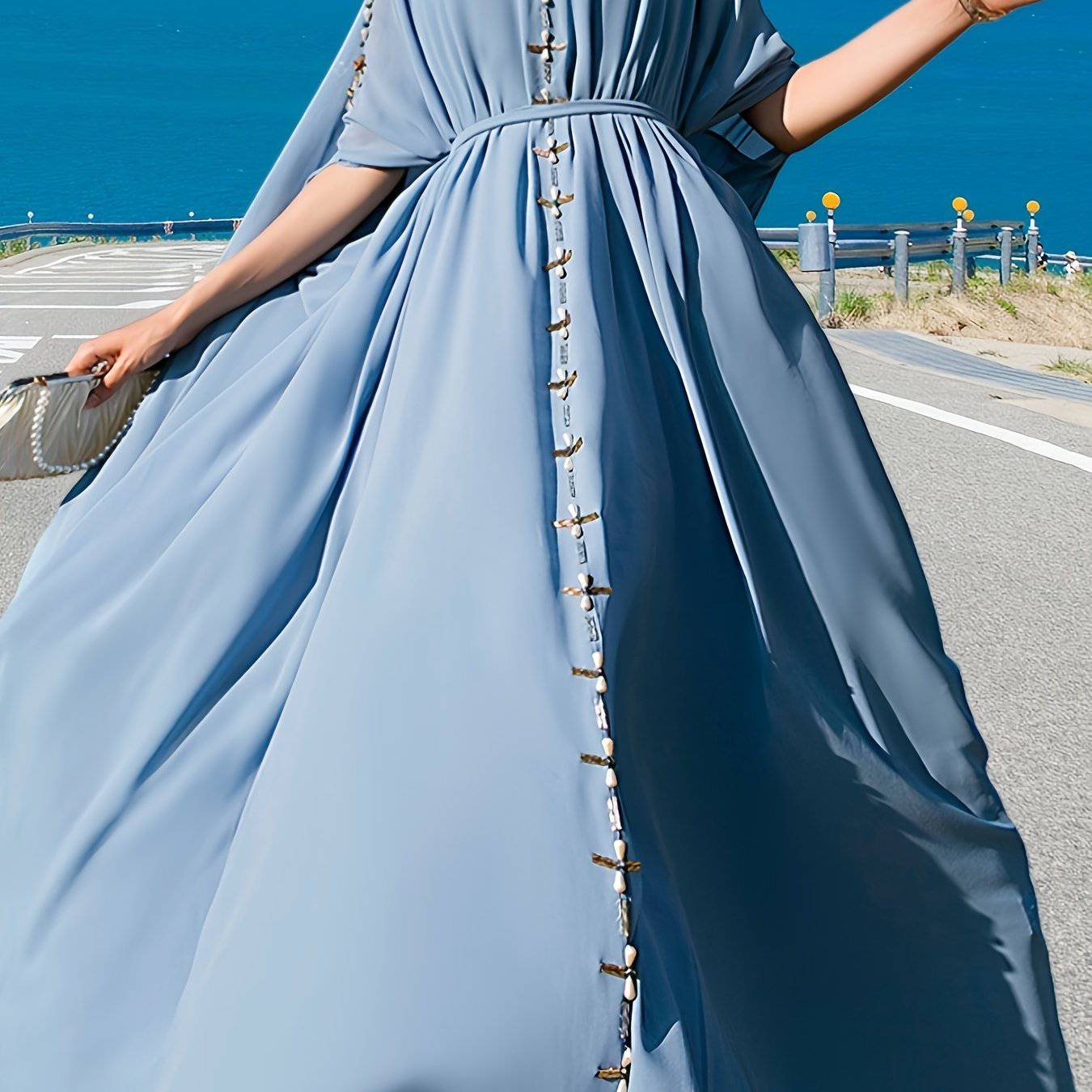 VougeVamp Elegant Off-Shoulder Maxi Dress with Handcrafted Pearl Embellishments and Flounce Sleeves
