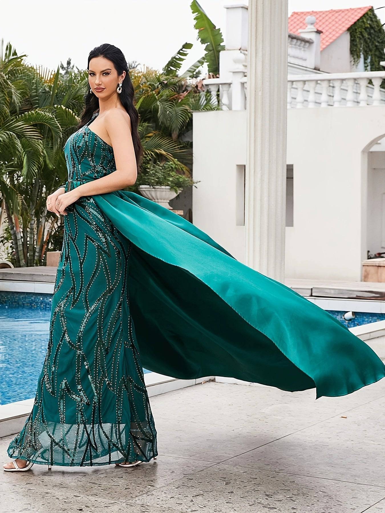 Elegant One-Shoulder Teal Evening Gown with Sequined Detailing – Sleeveless, Floor-Length Pencil Dress with Belt - VougeVampUK