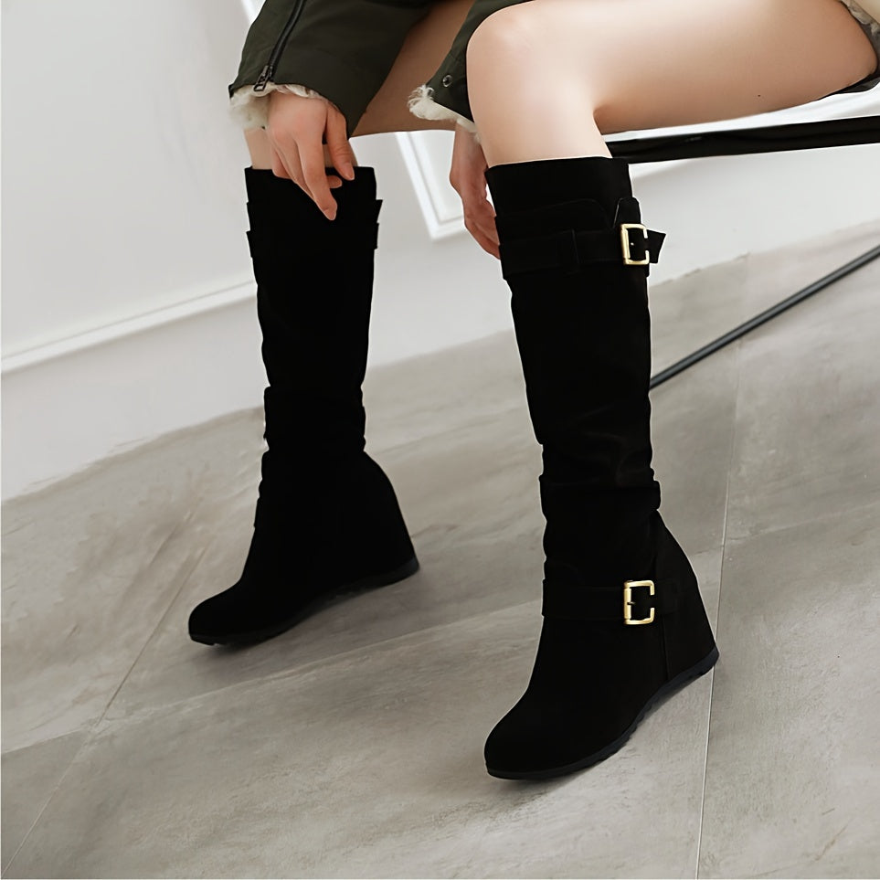VougeVamp Women's Fashionable Wedge Mid-Calf Boots – Stylish Buckle Strap & Slouchy Design - VougeVampUK