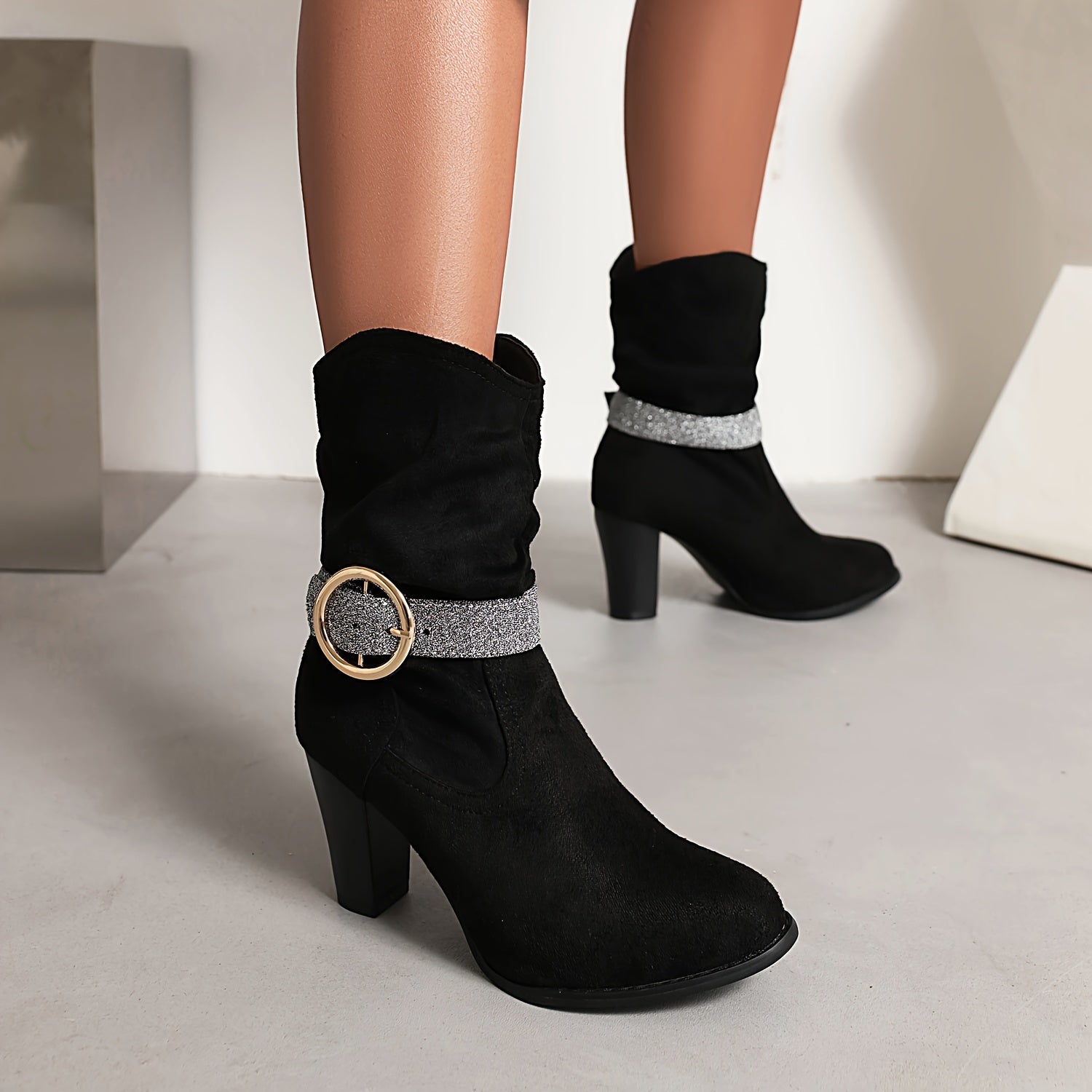 VougeVamp Women's Glitter Buckle Strap High Heel Boots – Chic Round Toe Block Heel Ankle Booties - VougeVampUK