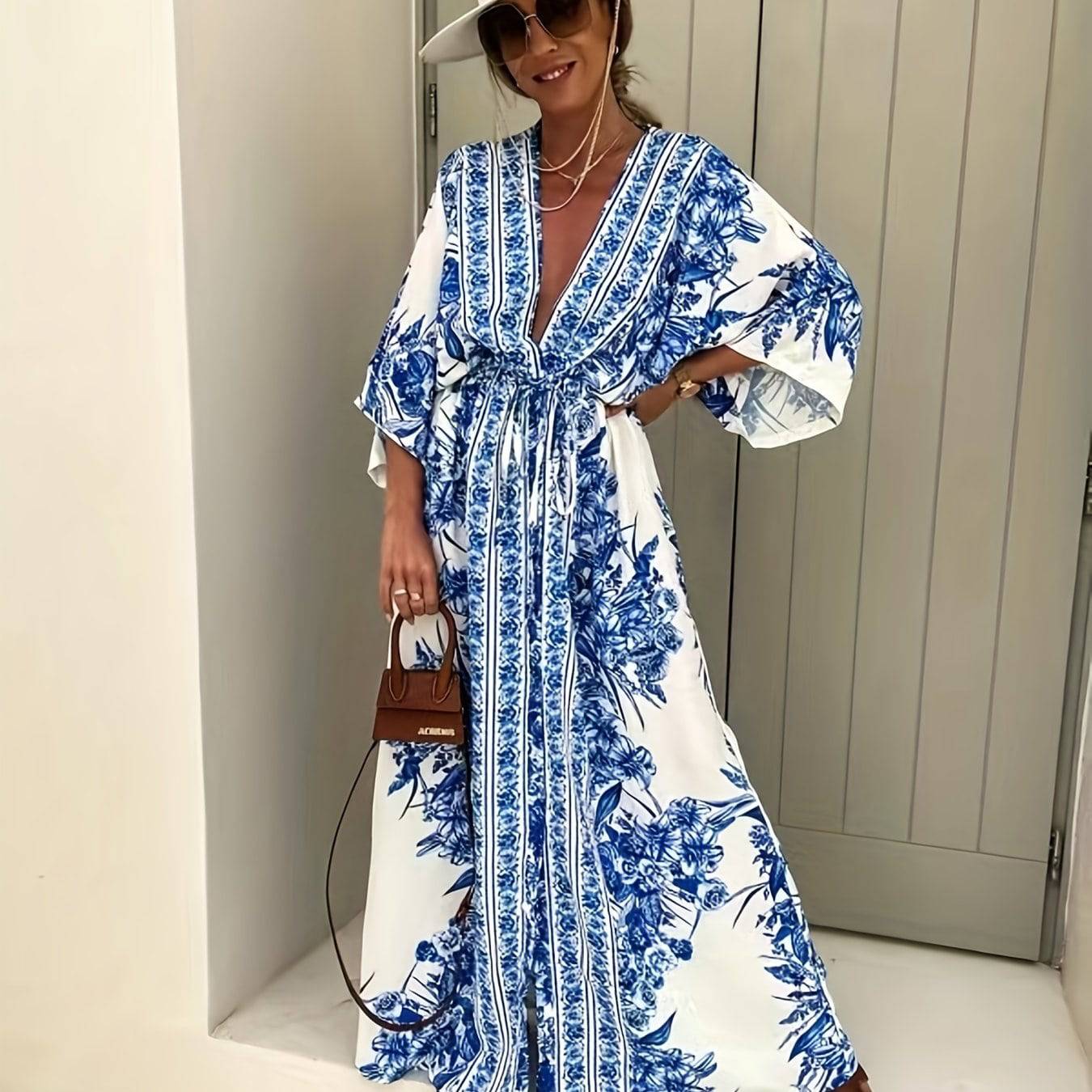 VougeVamp Chic Summer Floral V-Neck Dress – Short Sleeve Flowy Skirt for Vacation & Casual Wear