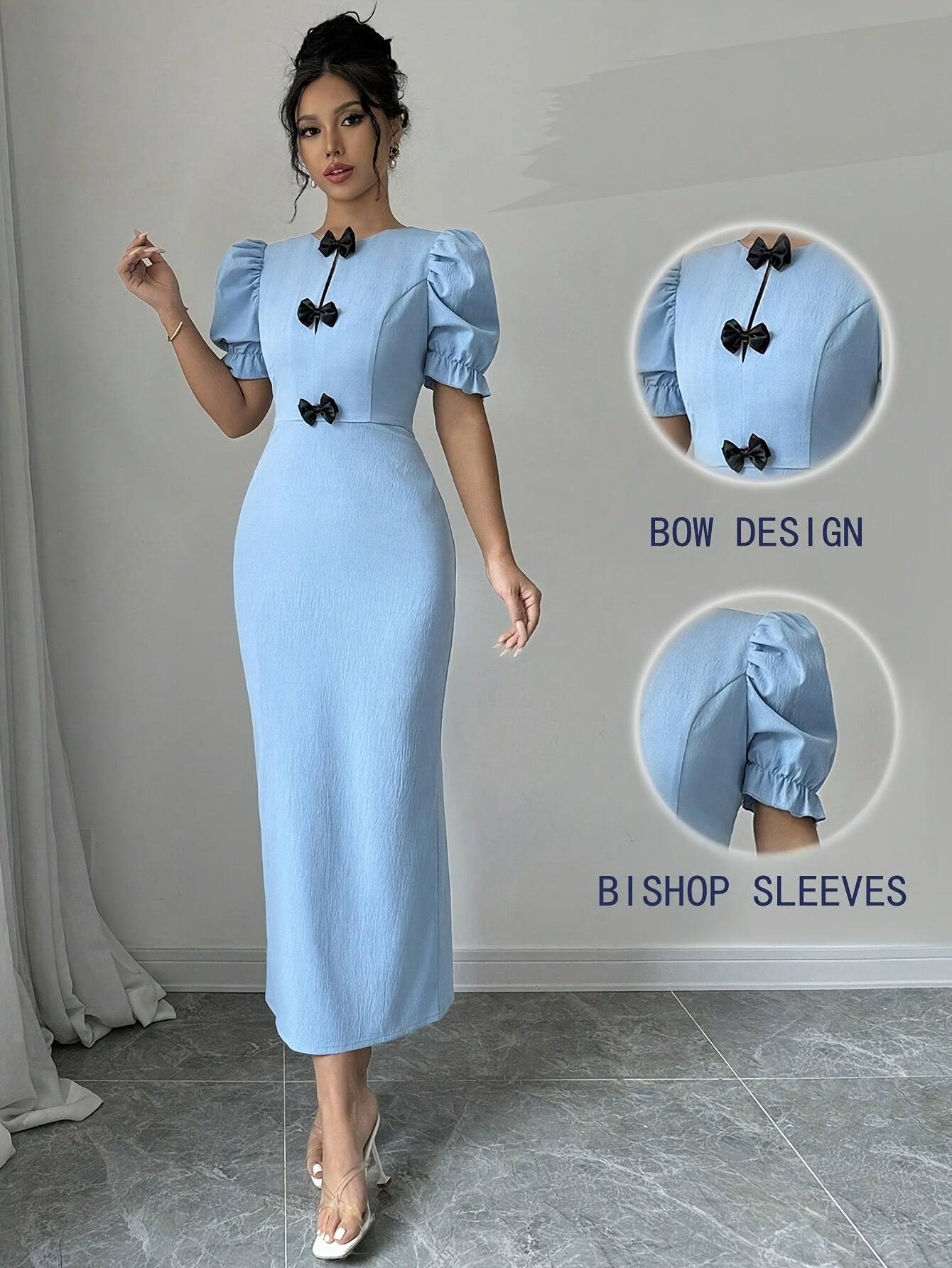 VougeVamp Light Blue Puff Sleeve Midi Dress – Elegant Bow Detail & Ruffle Hem for Spring, Summer & Fall