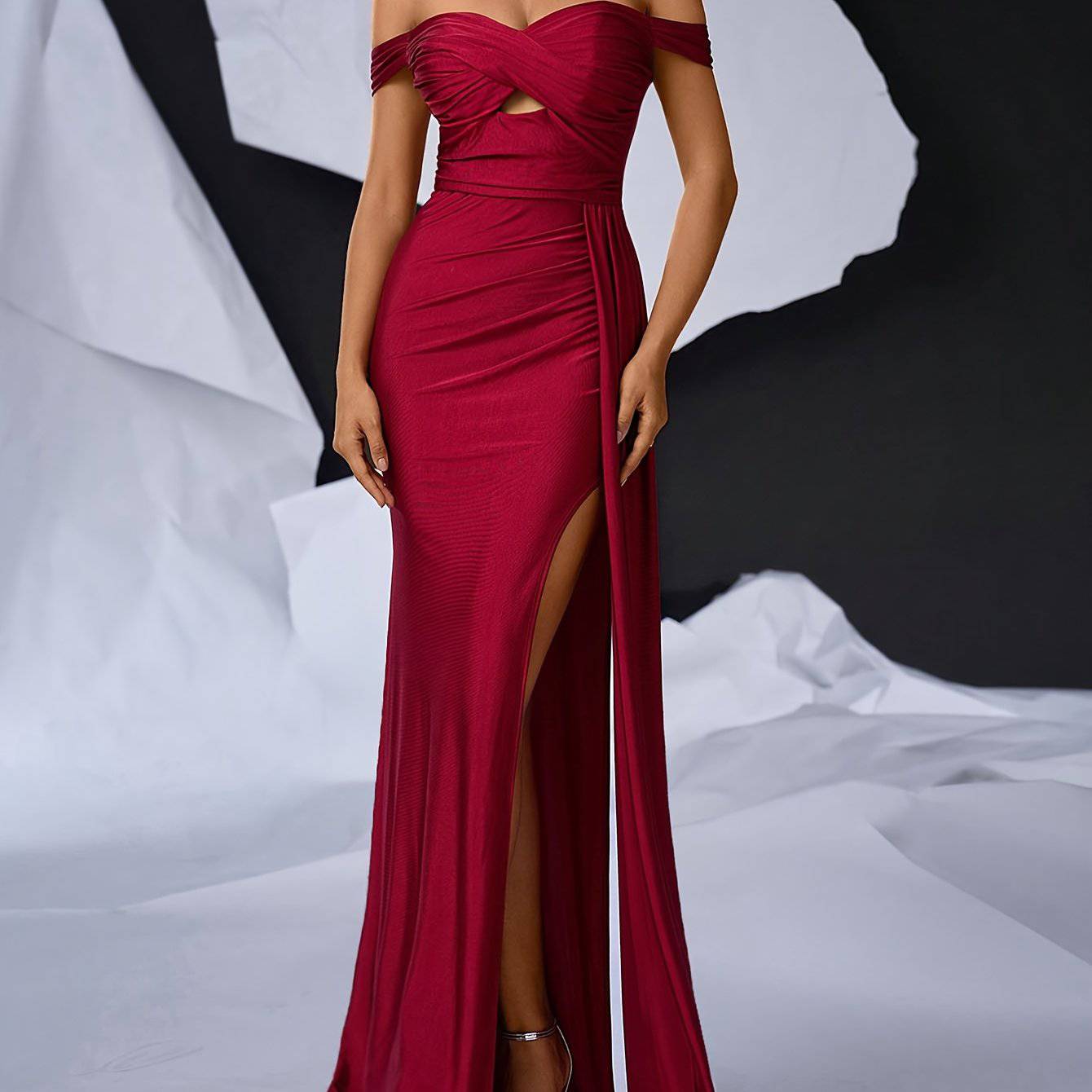 Elegant Off-Shoulder Maroon Satin Gown – Ruched Evening Dress with Cut-Out & Split Thigh