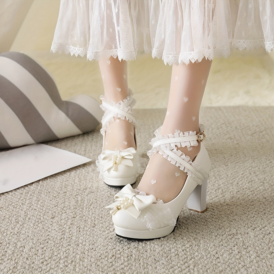 VougeVamp Chic Lace Bowknot Platform Pumps – High Block Heel Waterproof Fashion Shoes