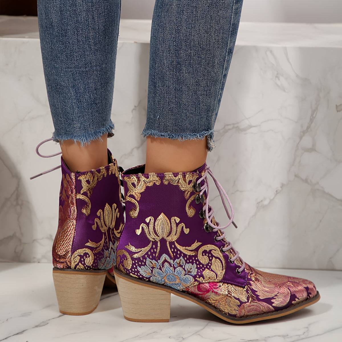 VougeVamp Floral Embroidered Lace-Up Ankle Booties – Pointed Toe High Block Heel for Elegant Style - VougeVampUK