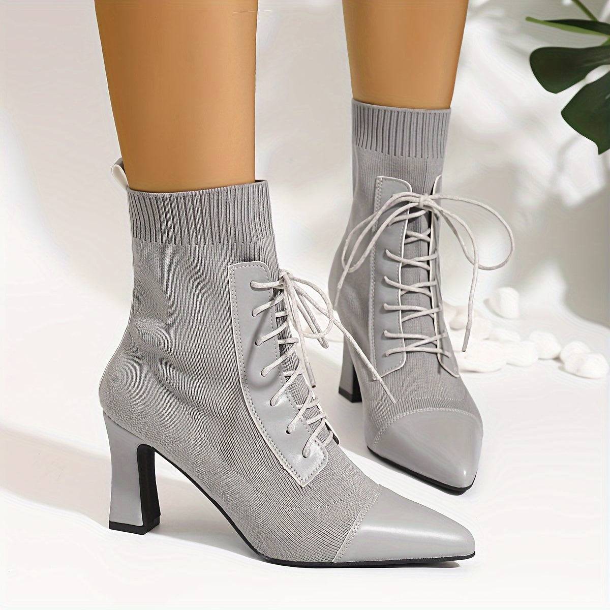 VougeVamp Fashionable Grey Ankle Boots – Pointed Toe & Chunky Heel Winter Boots - VougeVampUK