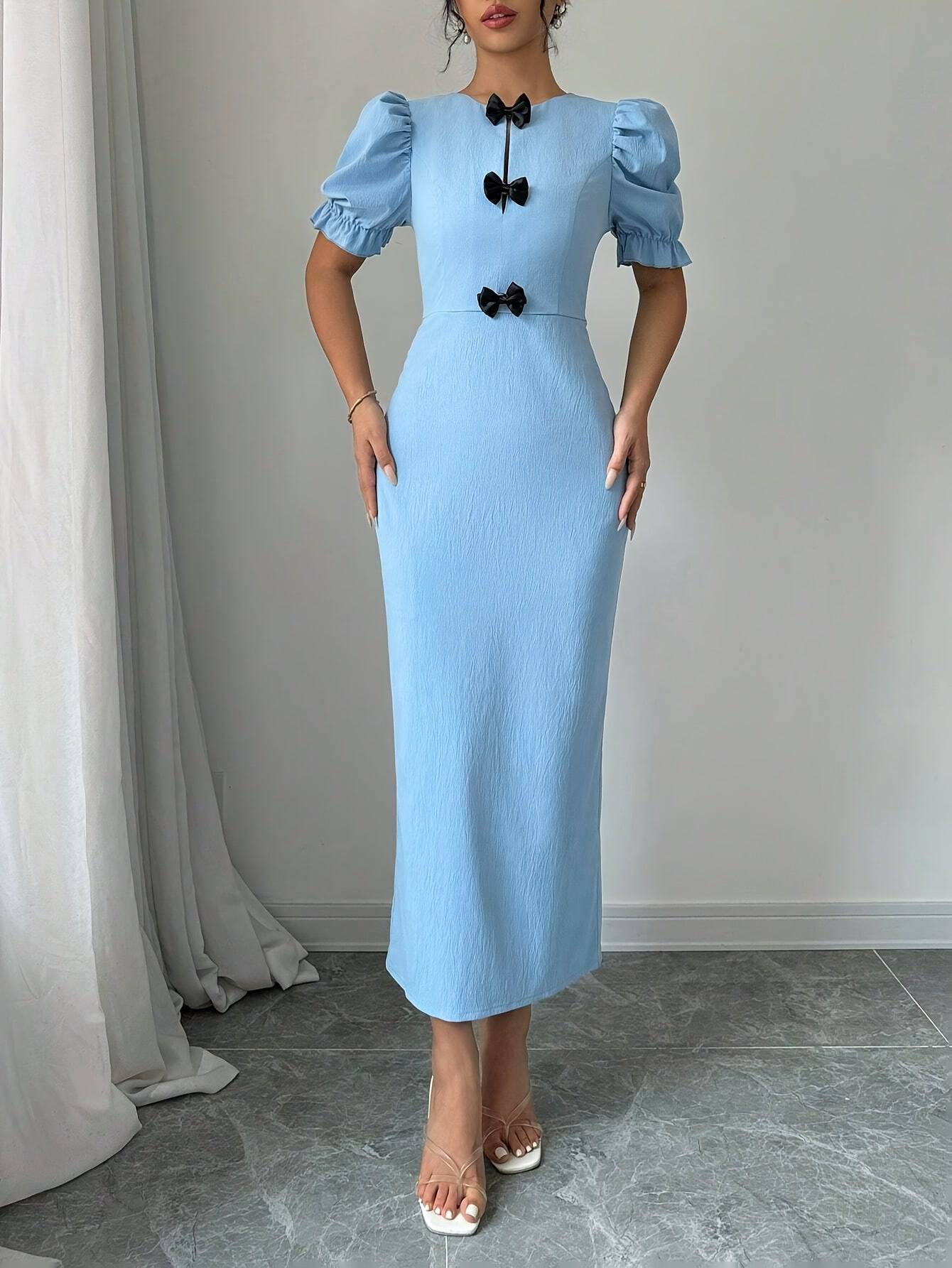 VougeVamp Light Blue Puff Sleeve Midi Dress – Elegant Bow Detail & Ruffle Hem for Spring, Summer & Fall