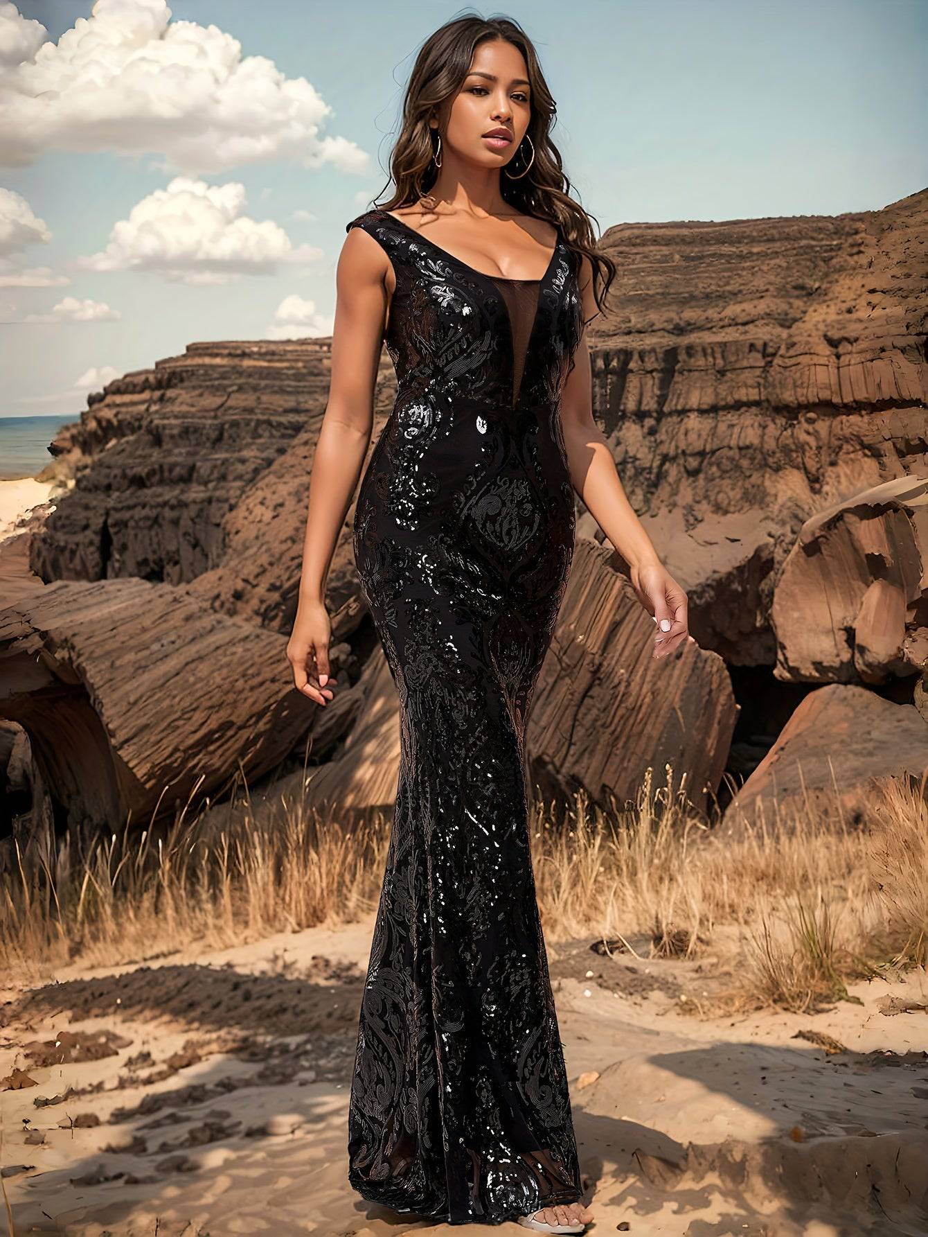 Elegant Black Sequin Mermaid Dress – V-Neck, Sleeveless Bodycon Gown with Geometric Pattern - VougeVampUK