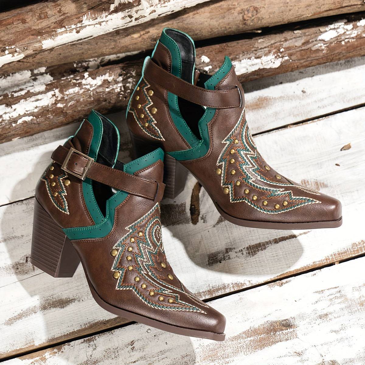 VougeVamp Women's Golden Bead Decor Ankle Boots – Chunky Heel Western Boots with Fashion Buckle Strap - VougeVampUK