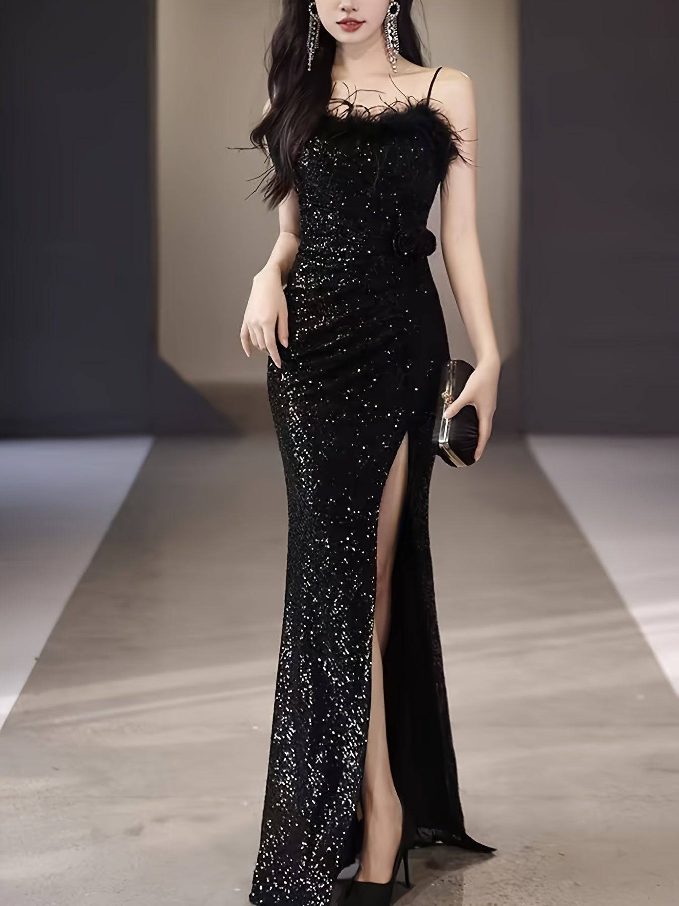 VougeVamp Luxurious Off-Shoulder Black Sequin Evening Gown with Belt & Side Slit – High-End Fashion for Parties & Banquets - VougeVampUK