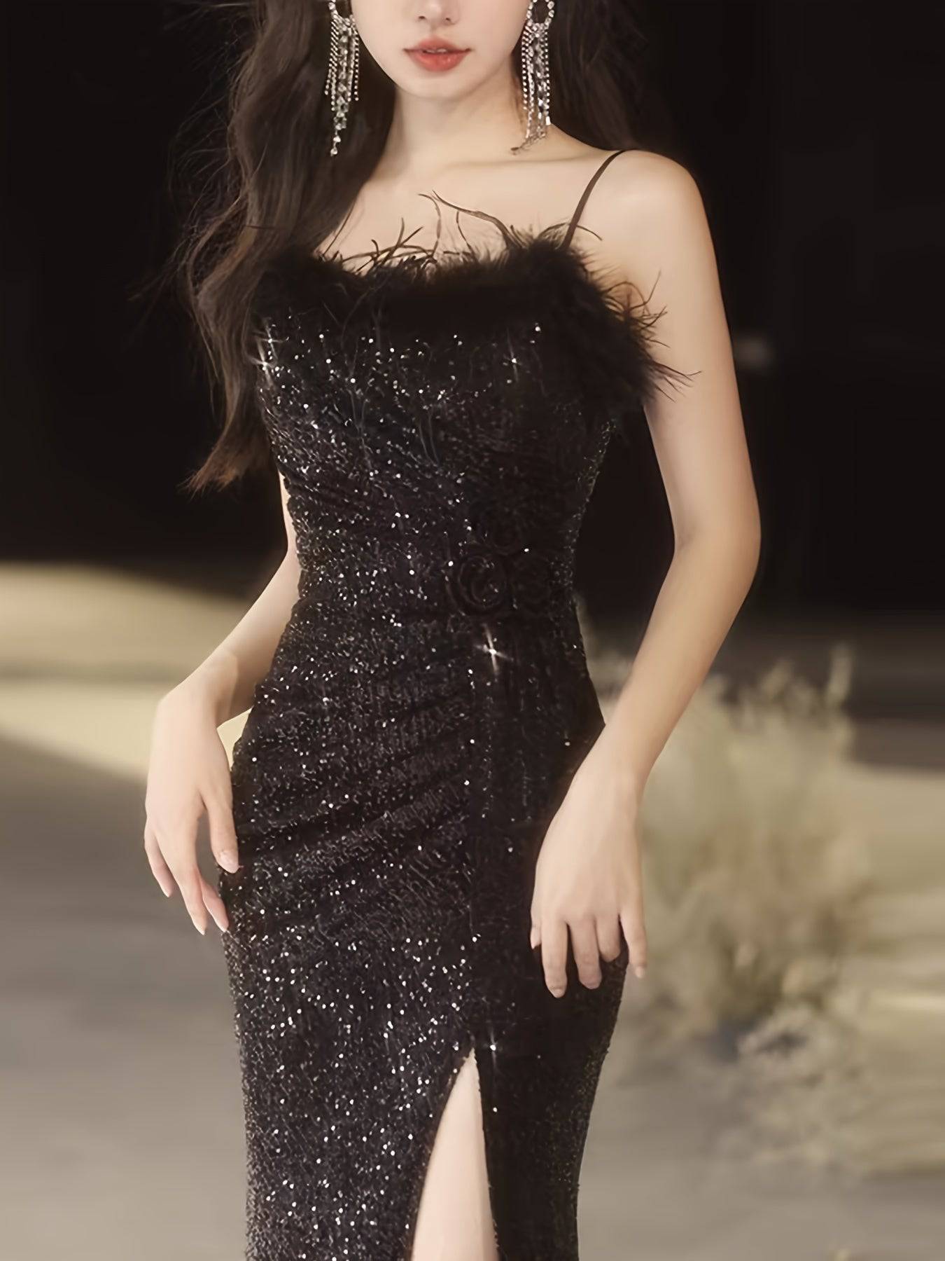 VougeVamp Luxurious Off-Shoulder Black Sequin Evening Gown with Belt & Side Slit – High-End Fashion for Parties & Banquets - VougeVampUK