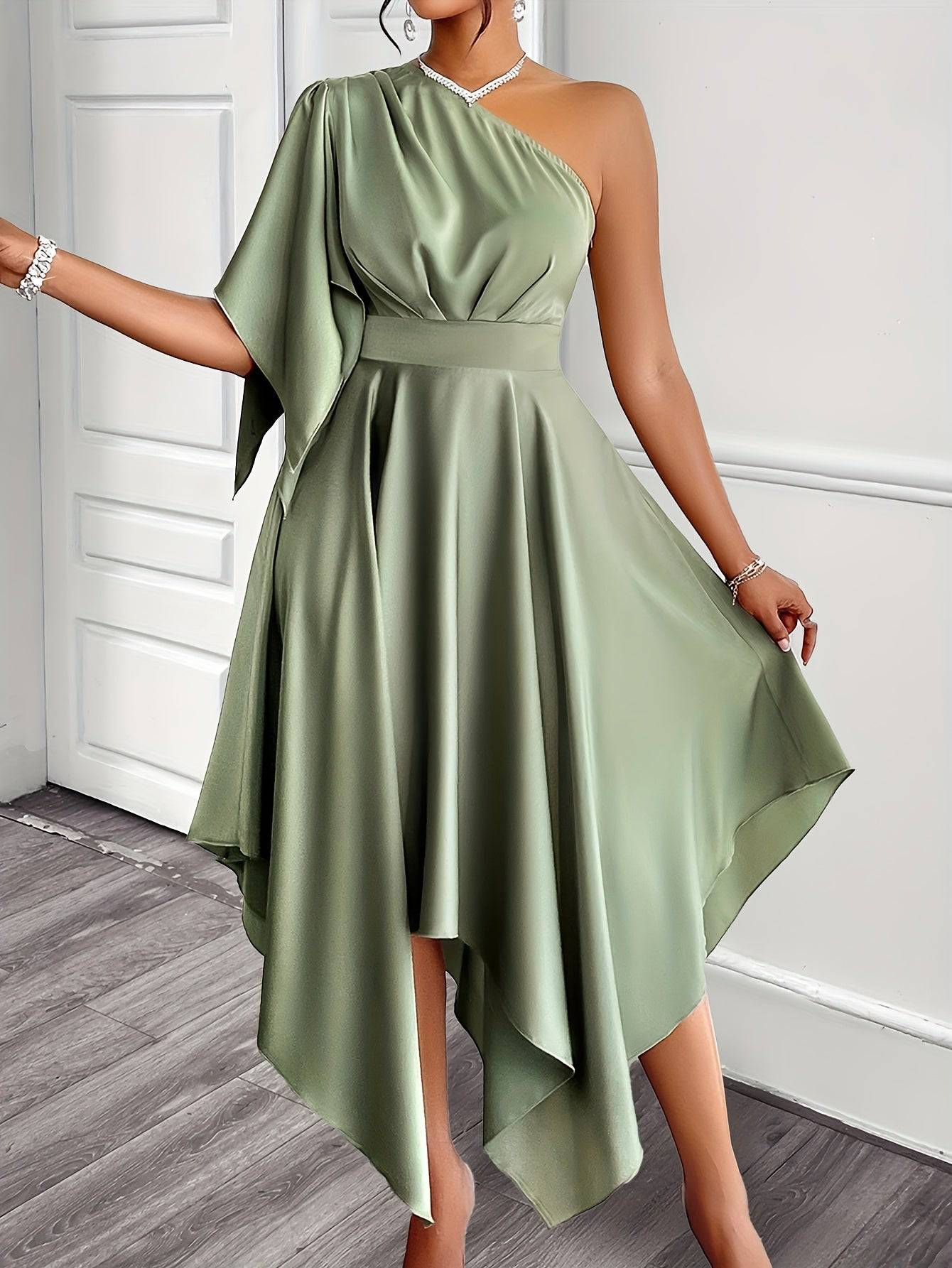 VougeVamp Mint Green Satin Maxi Dress – One-Shoulder A-Line Gown with Ruffle Sleeves & Tie Waist