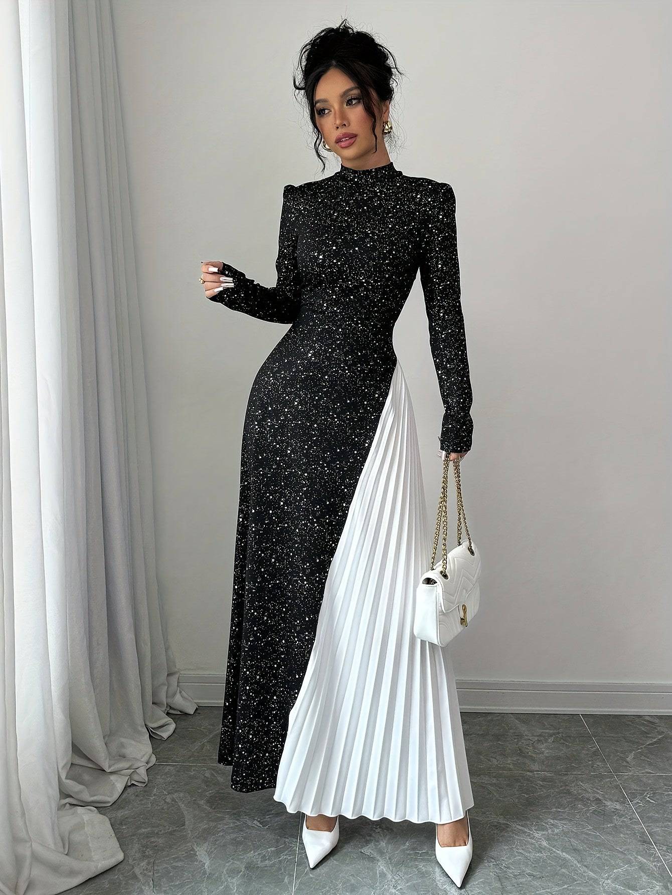 VougeVamp Elegant Red Starry Sky Maxi Dress – Long Sleeve Pleated Gown for Parties & Evening Events