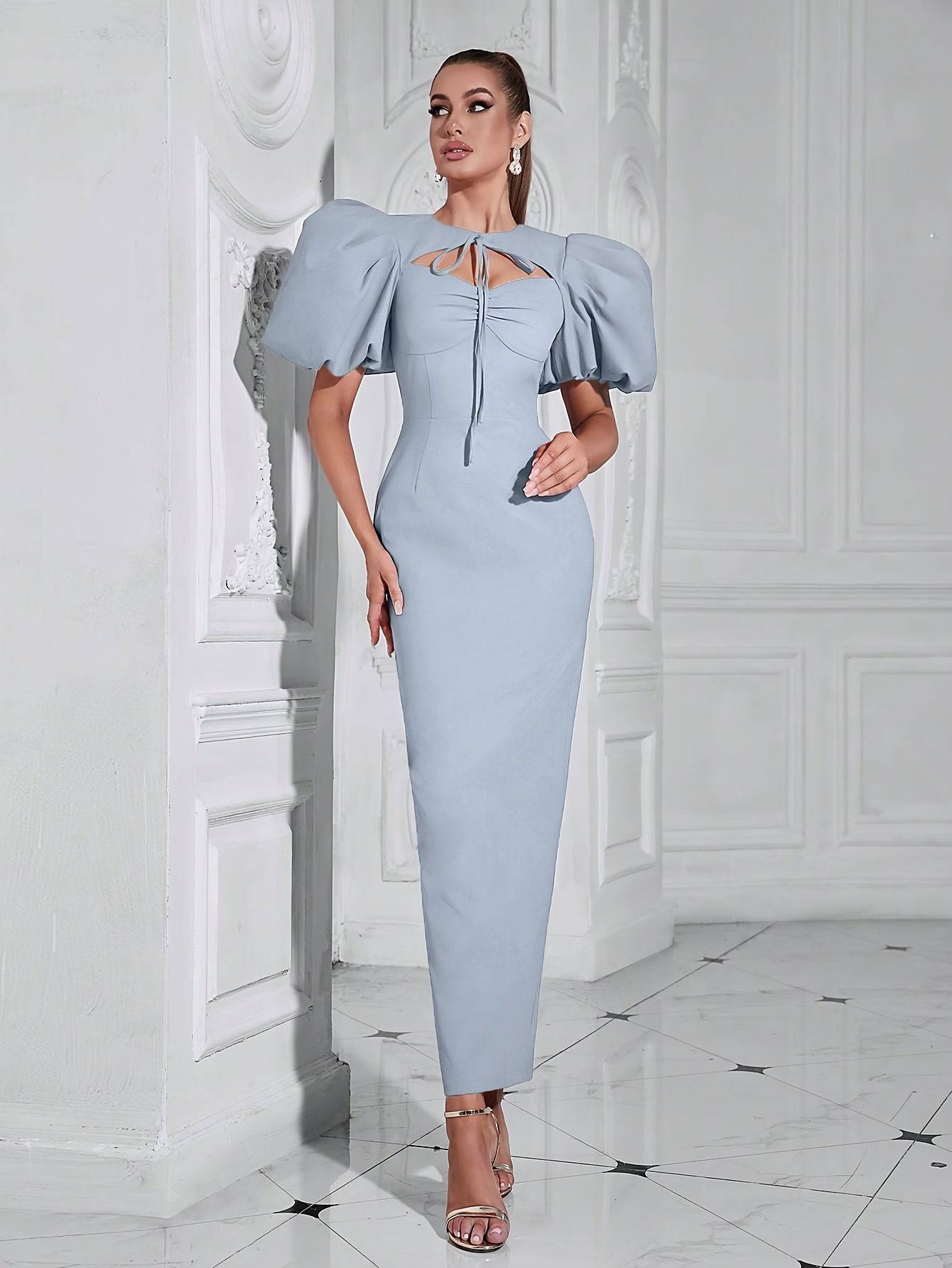 VougeVamp Elegant Halter Neck Bodycon Cocktail Dress with Backless Design & Bubble Sleeve Detail - VougeVampUK