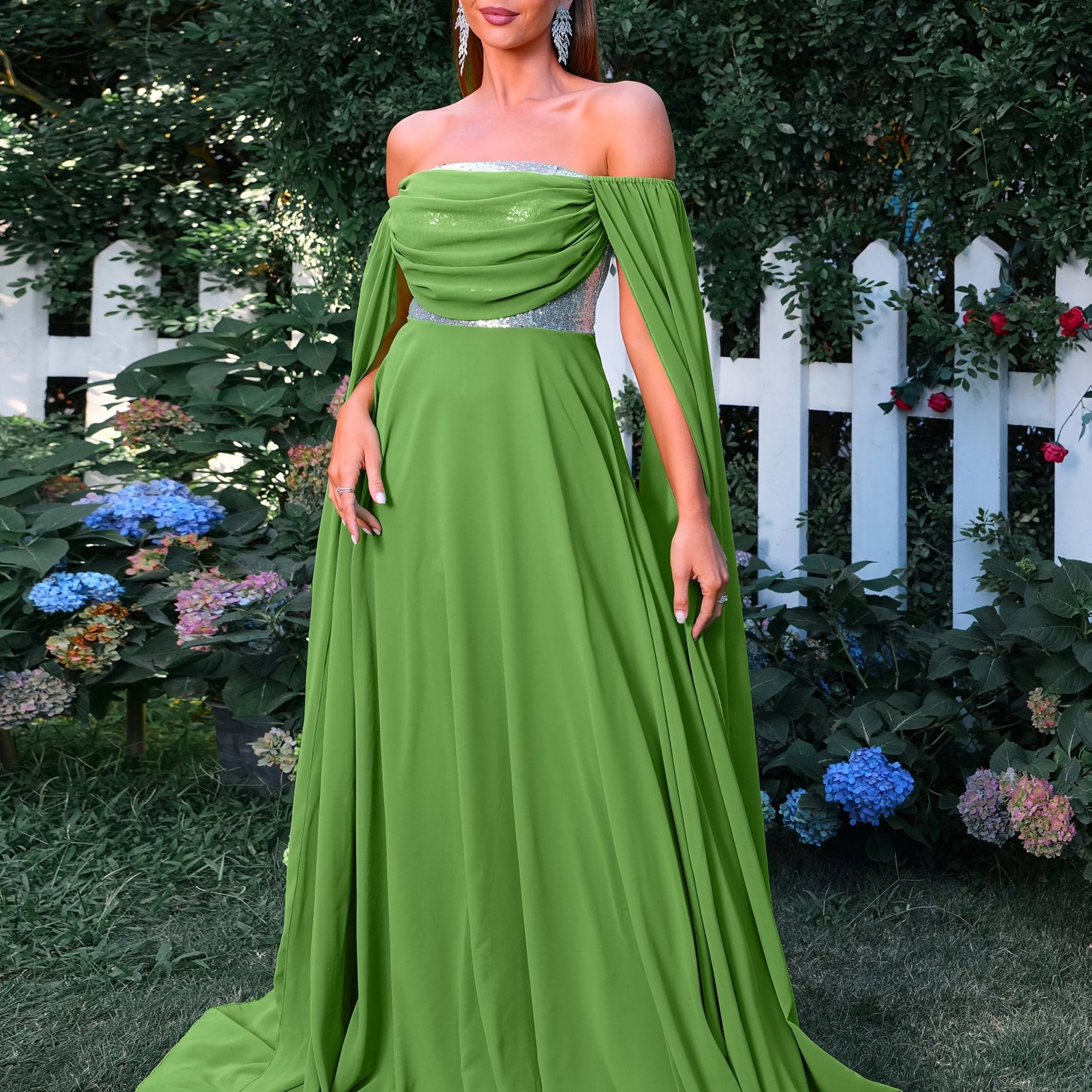 VougeVamp Elegant Off-Shoulder Green Gown – Extra Long Sleeves & Ruched Waist for Timeless Sophistication - VougeVampUK