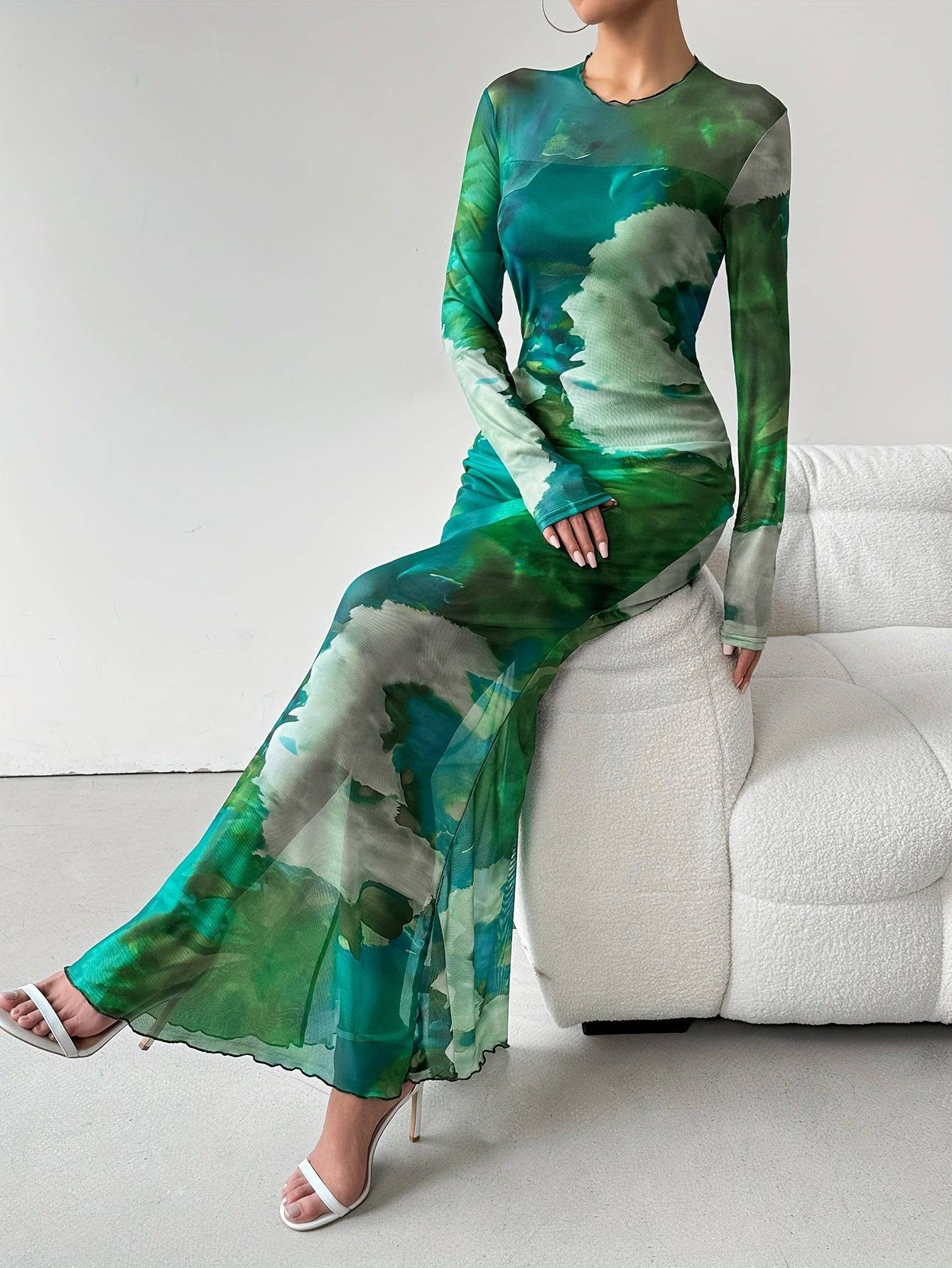 VougeVamp Vibrant Tie-Dye Mesh Maxi Dress – Elegant Long Sleeve Slim Fit Dress for Spring & Fall