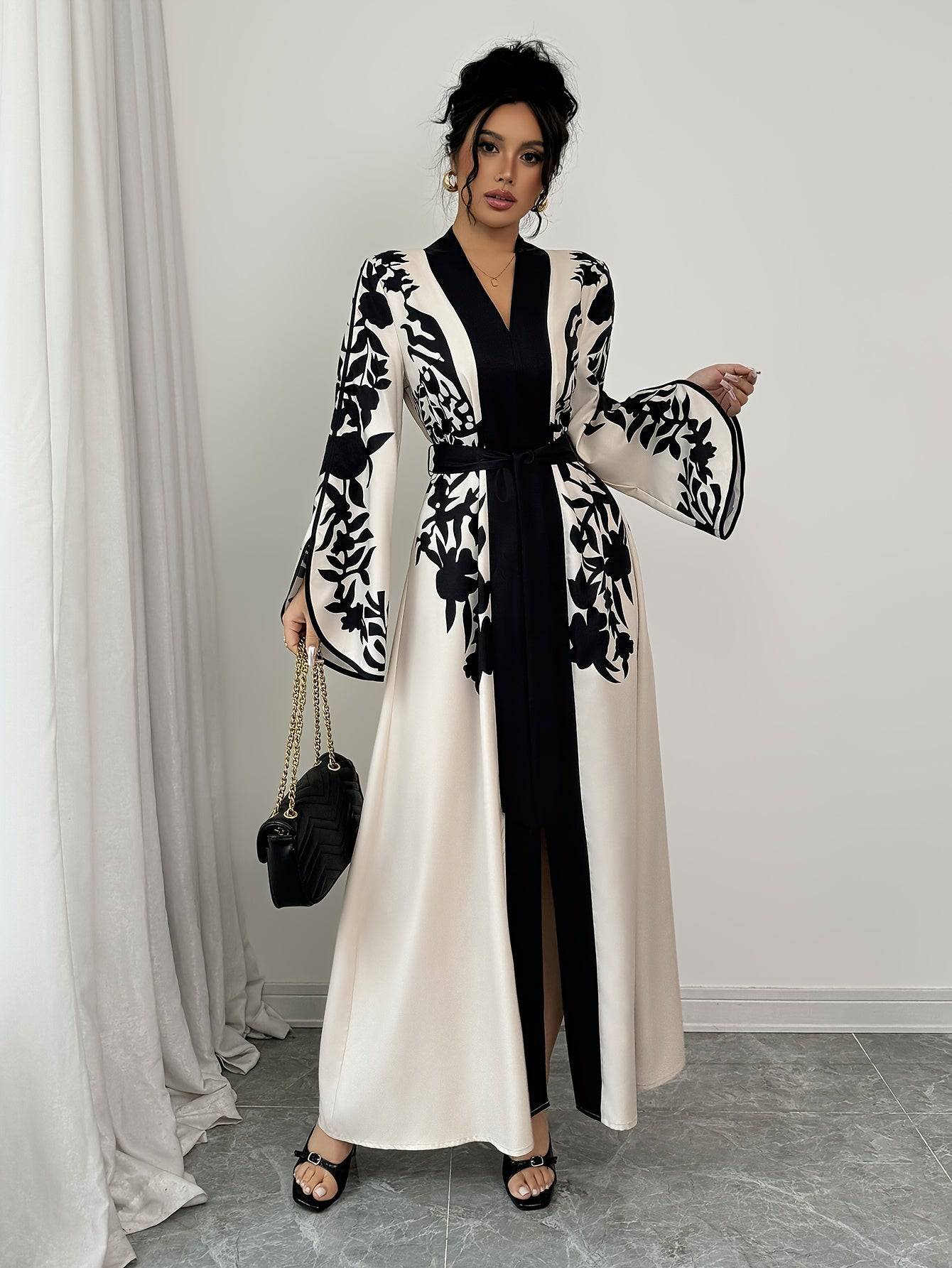 Elegant Fall Women's Printed Peplum Dress – Casual V-Neck Floral Long Dress, Polyester-Elastane Blend