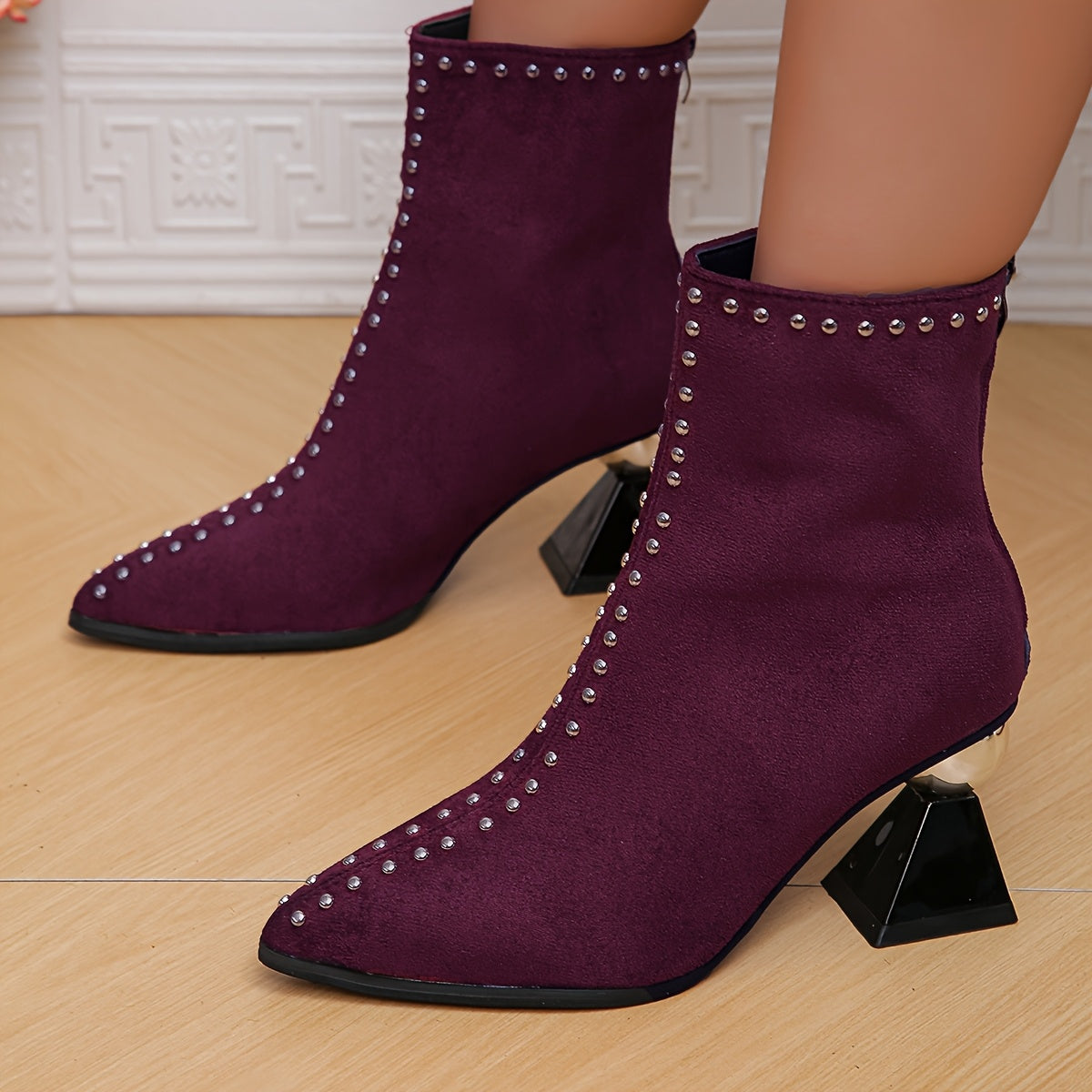 VougeVamp Women's Black Ankle Boots – Chunky Heel Pointed Toe Booties with Studded Detail & Side Zipper - VougeVampUK