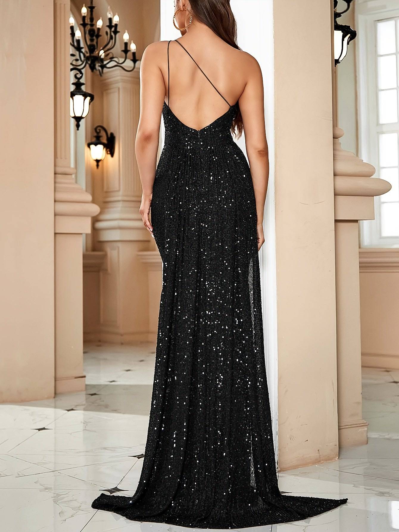 Elegant One-Shoulder Mermaid Gown with High-Waist Slit, Sequined Evening Dress