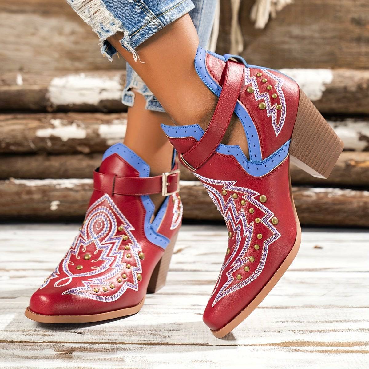 VougeVamp Women's Golden Bead Decor Ankle Boots – Chunky Heel Western Boots with Fashion Buckle Strap - VougeVampUK