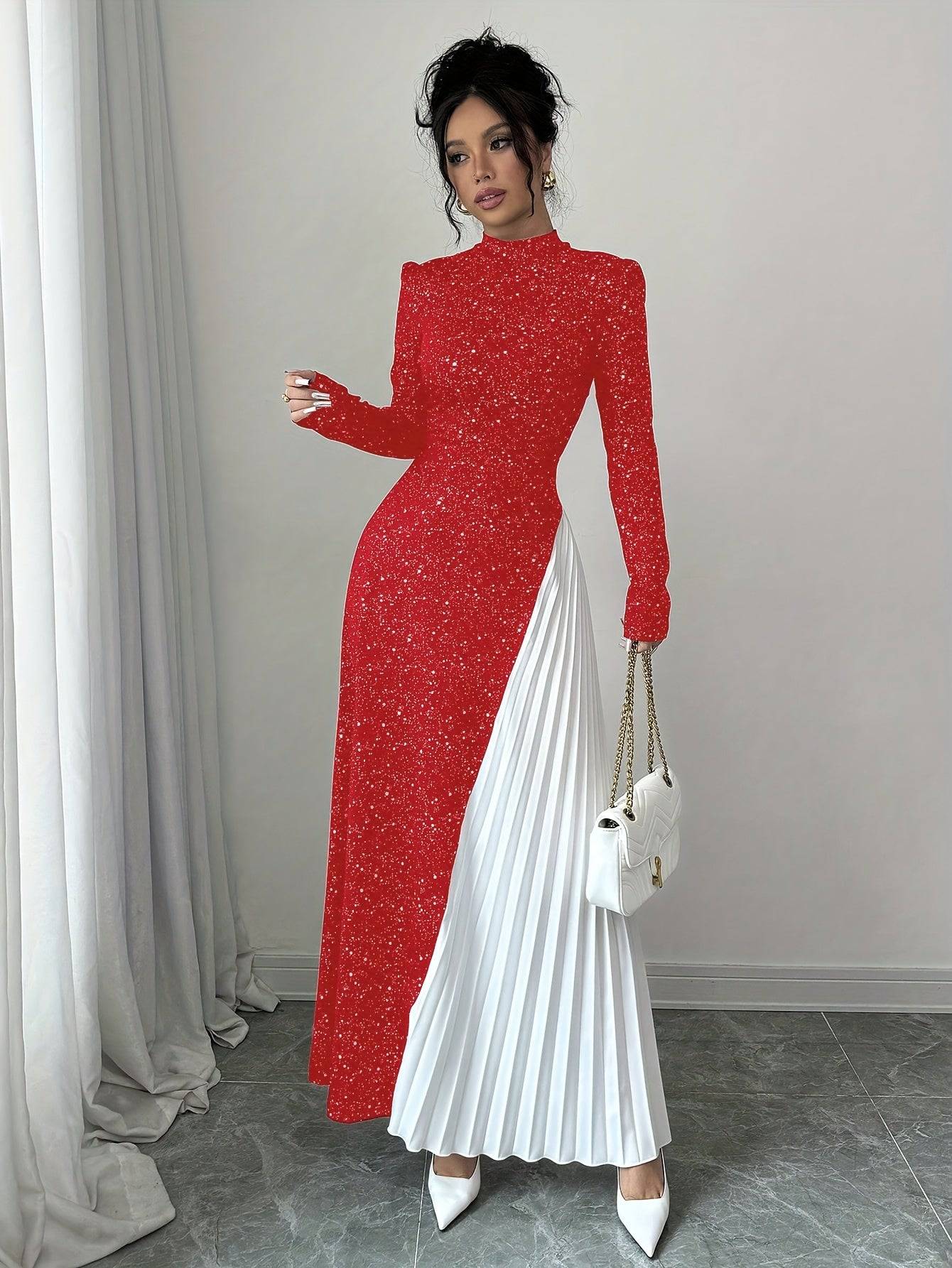 VougeVamp Elegant Red Starry Sky Maxi Dress – Long Sleeve Pleated Gown for Parties & Evening Events
