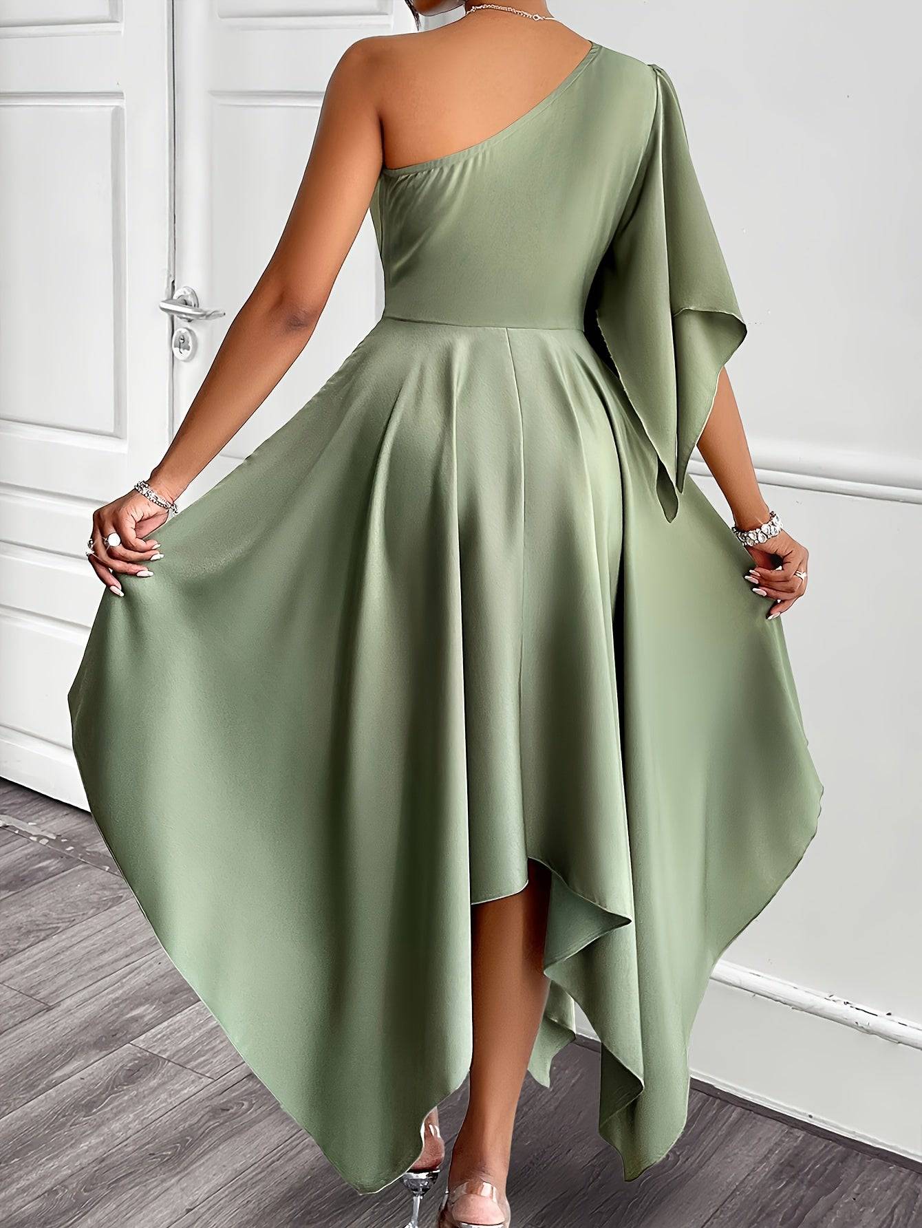VougeVamp Mint Green Satin Maxi Dress – One-Shoulder A-Line Gown with Ruffle Sleeves & Tie Waist