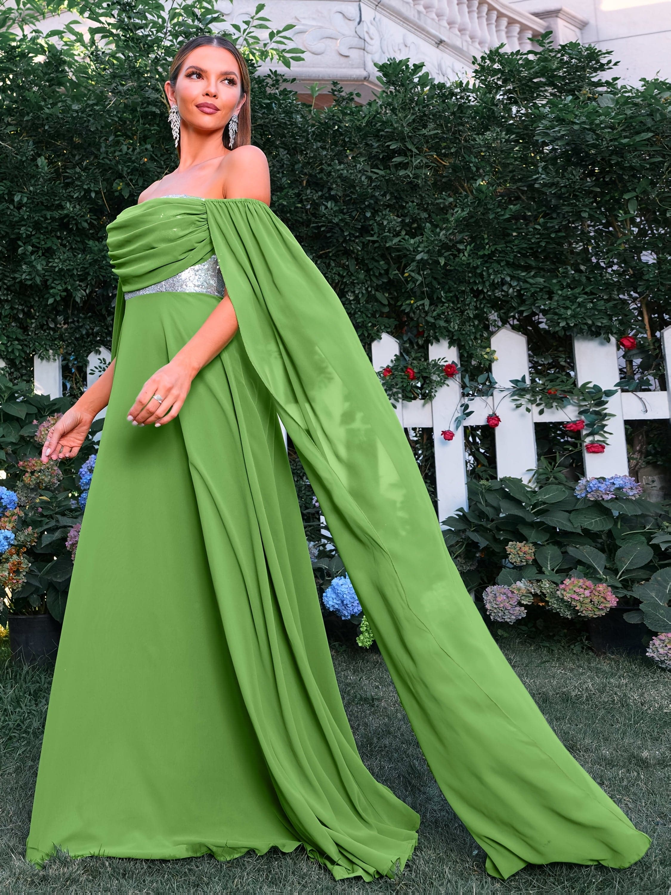 VougeVamp Elegant Off-Shoulder Green Gown – Extra Long Sleeves & Ruched Waist for Timeless Sophistication - VougeVampUK