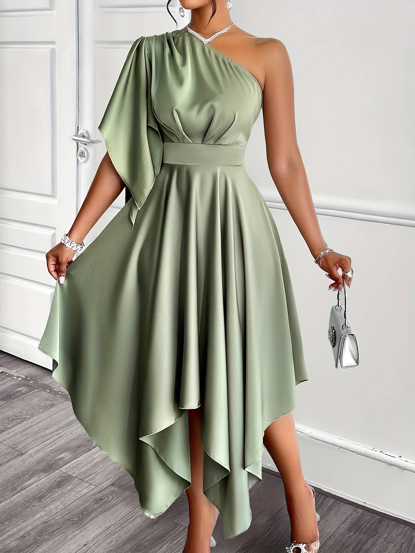 VougeVamp Mint Green Satin Maxi Dress – One-Shoulder A-Line Gown with Ruffle Sleeves & Tie Waist