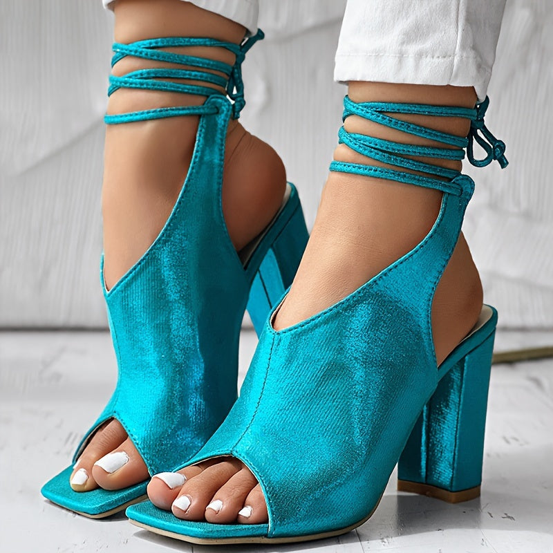 VougeVamp Open-Toe Lace-Up High Heel Sandals – Thick Heel, Stylish & Comfortable - VougeVampUK