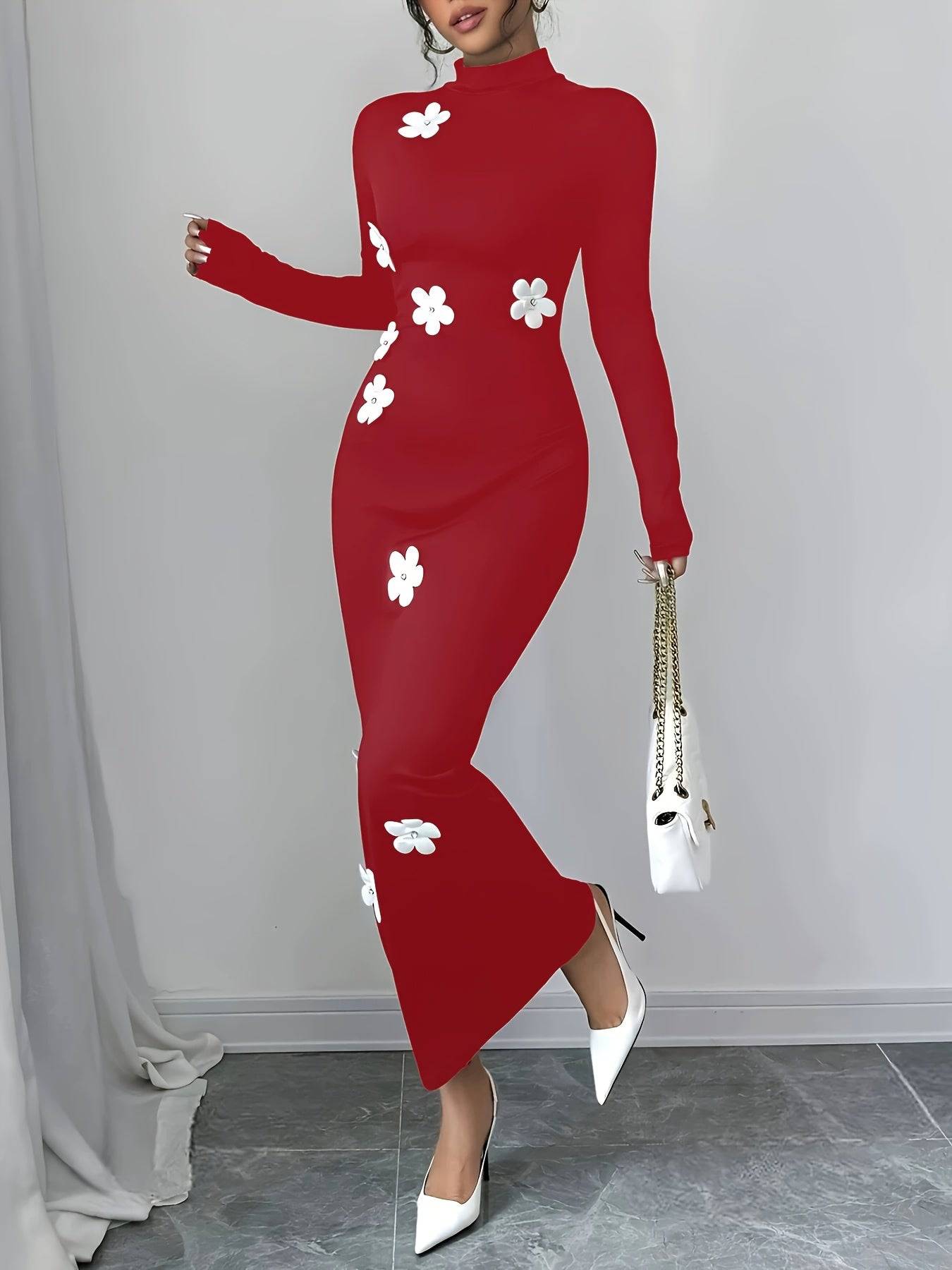 VougeVamp Elegant Floral High Neck Bodycon Dress – Fall & Winter Slim Fit Knit Dress for Women - VougeVampUK