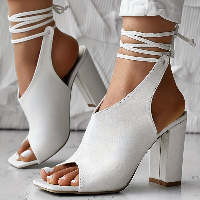 VougeVamp Open-Toe Lace-Up High Heel Sandals – Thick Heel, Stylish & Comfortable - VougeVampUK