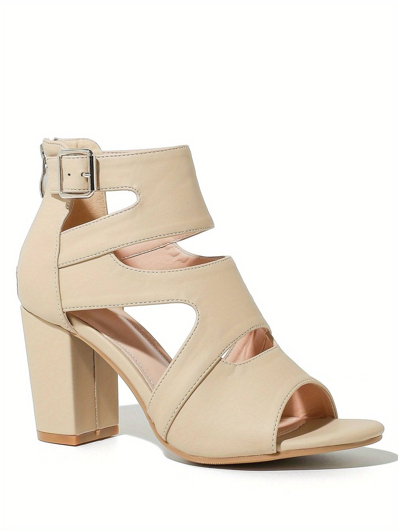 VougeVamp Women's Cutout Block Heel Sandals – Breathable Buckle Strap Summer Pumps with Back Zipper - VougeVampUK