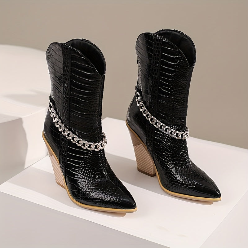 VougeVamp Trendy Crocodile Print Mid-Calf Boots – Chunky Stacked Heel, Pointed Toe & Chain Detail - VougeVampUK